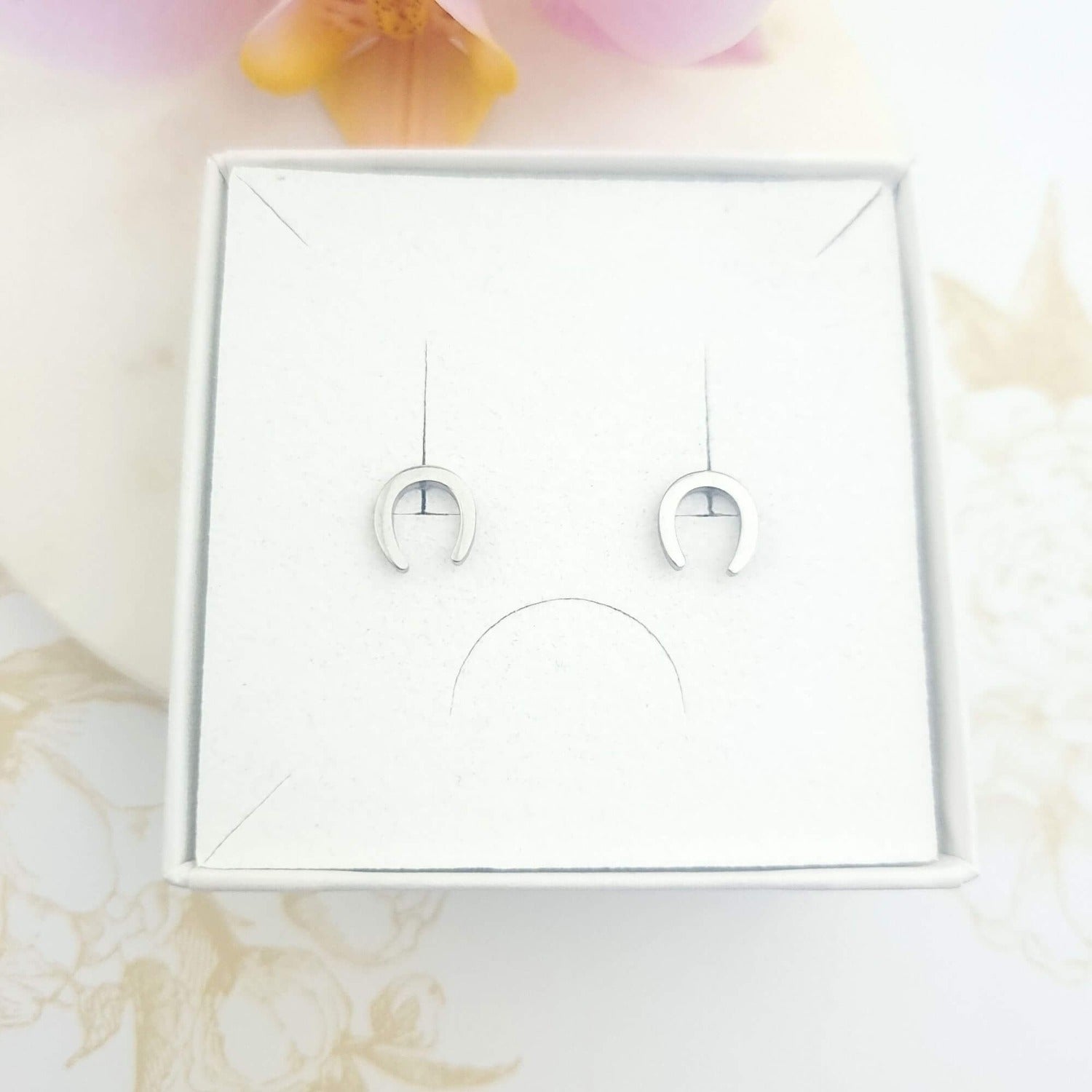 stud earrings with shape of horse shoe in a gift box