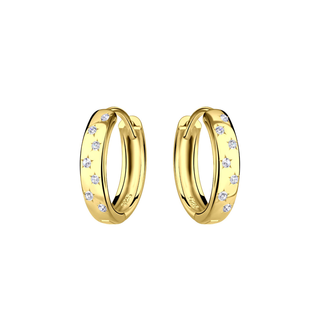Pair of 14k gold-plated sterling silver hoop earrings with cubic zirconia stones, displayed against a white background – small dainty hoops perfect for everyday wear or gifting.