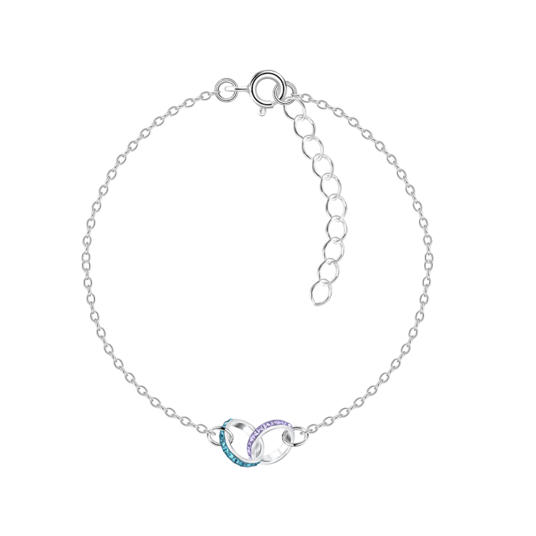 A sterling silver bracelet featuring interlocking rings, with blue and purple cubic zirconia stones, displayed on a delicate 1mm chain with an adjustable 15cm + 3cm extension.