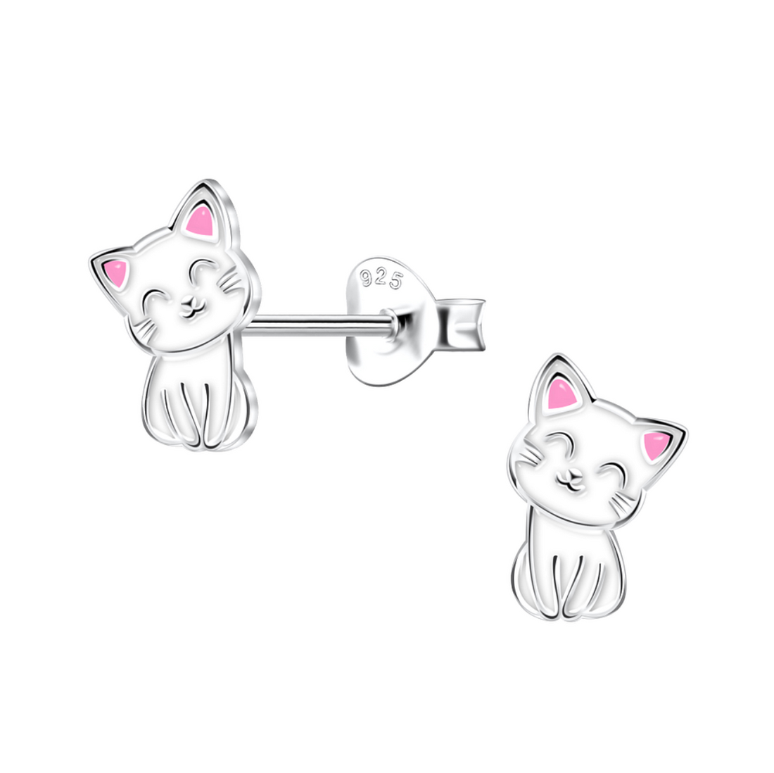 Sterling silver cat stud earrings featuring smiling kittens with pink enamel ears, displayed with butterfly backs on a white background.
