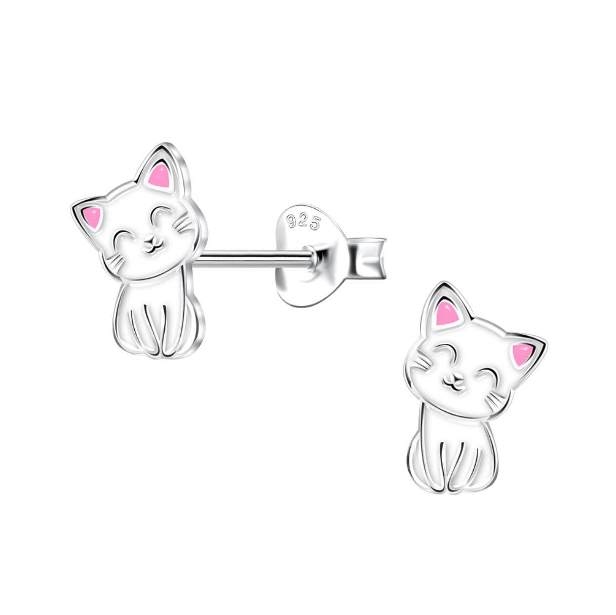Sterling silver cat stud earrings featuring smiling kittens with pink enamel ears, displayed with butterfly backs on a white background.