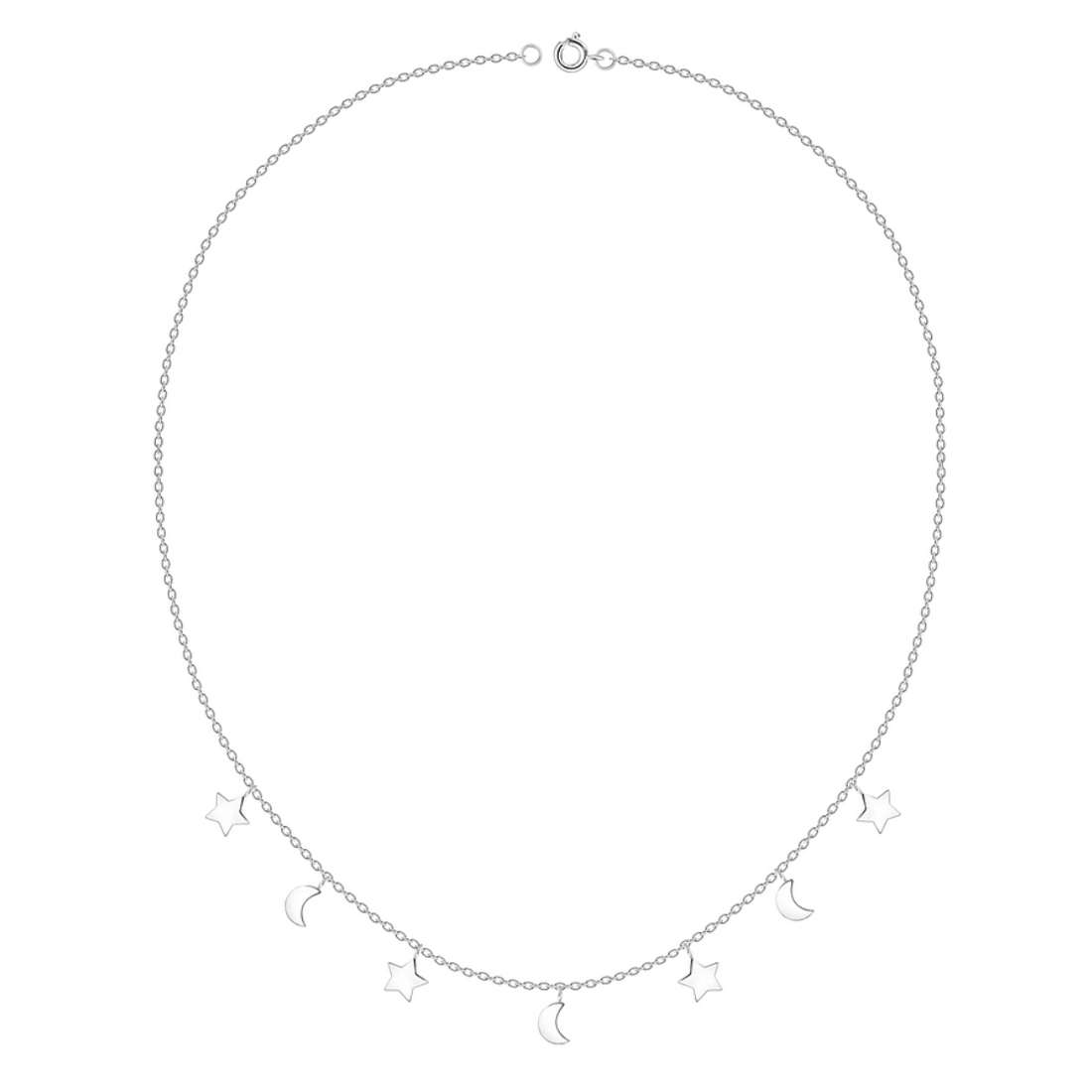 Sterling silver necklace with alternating moon and star charms on a 45cm fine chain, displayed on a white background.