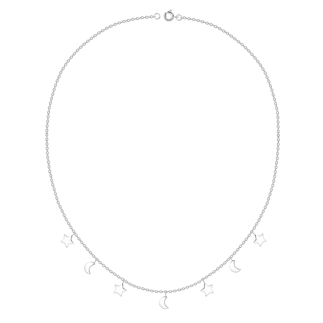 Sterling silver necklace with alternating moon and star charms on a 45cm fine chain, displayed on a white background.