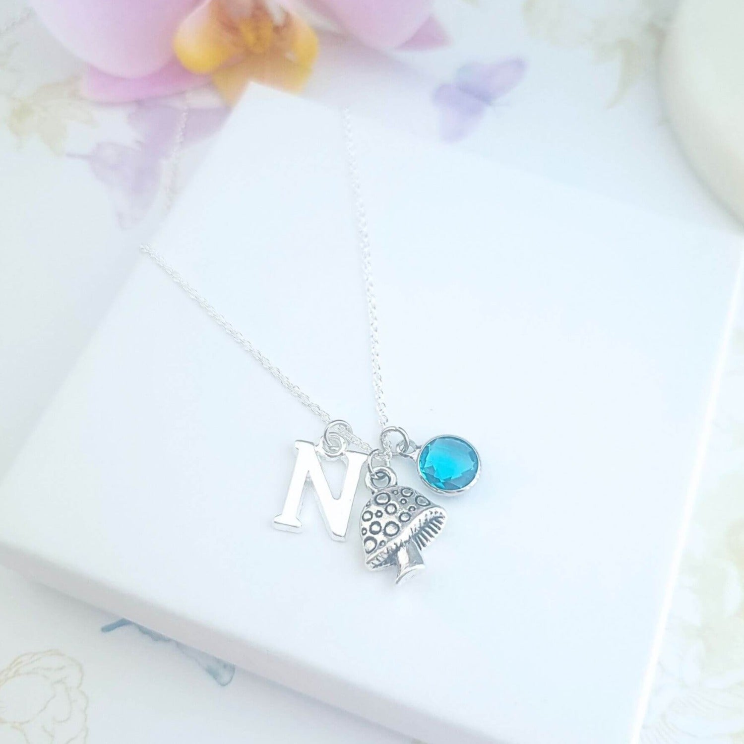 personalised mushroom necklace with initial and birthstone