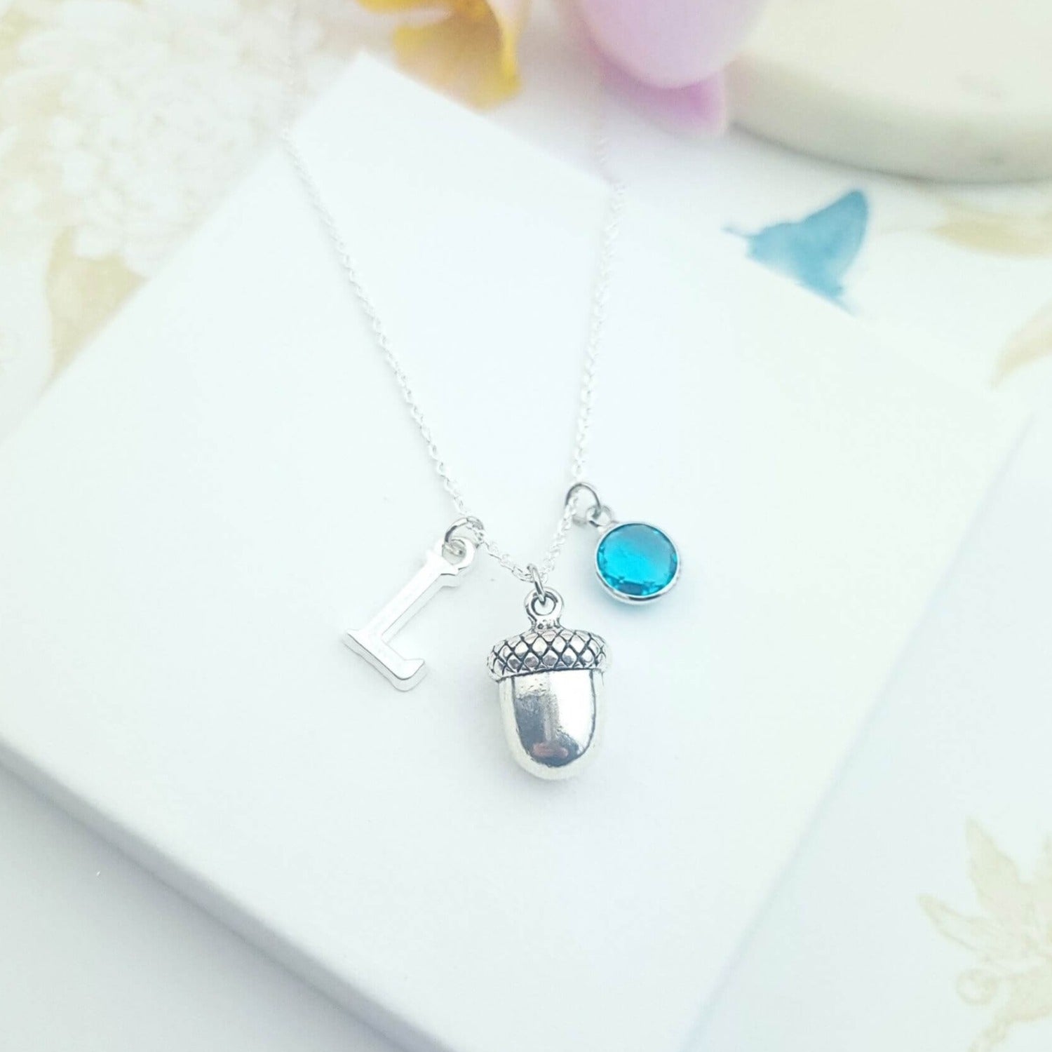personalised acorn necklace with initial and birthstone
