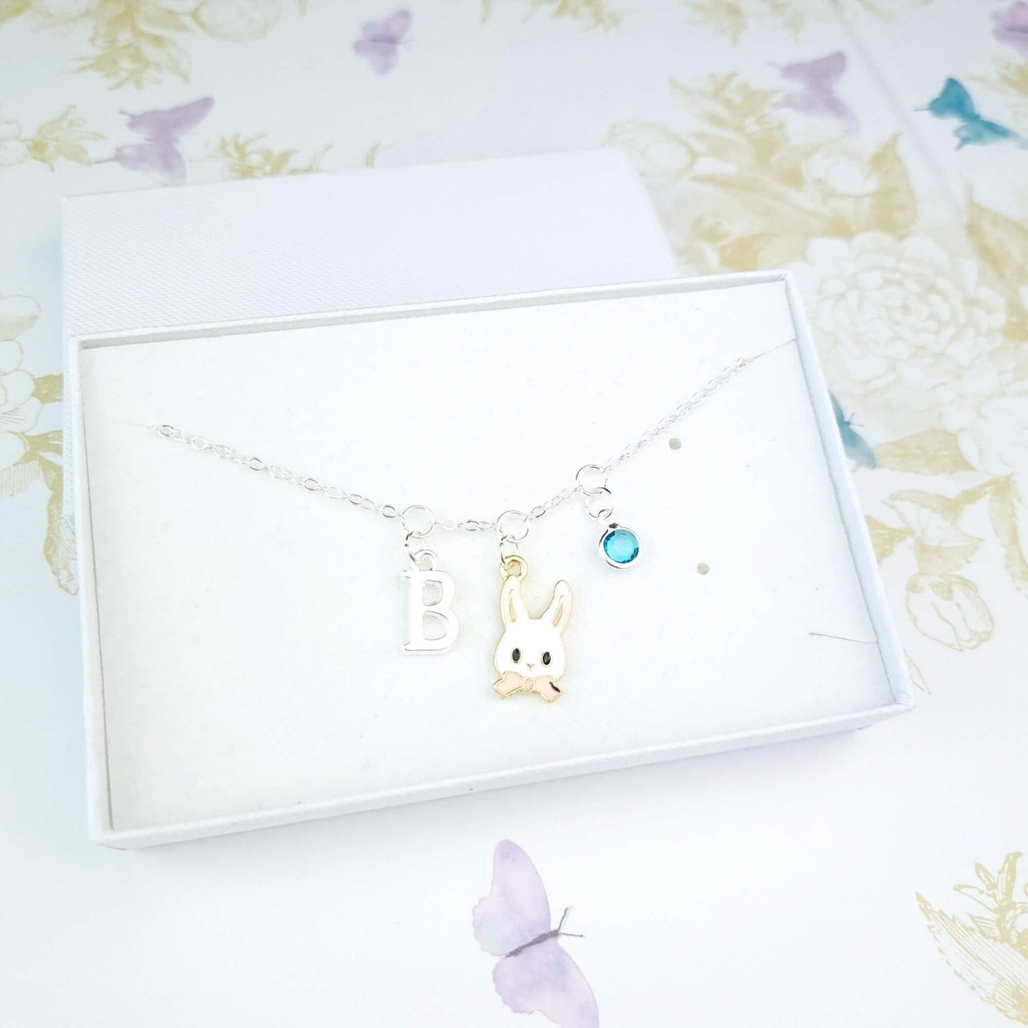 bunny rabbit silver bracelet with initial and birthstone