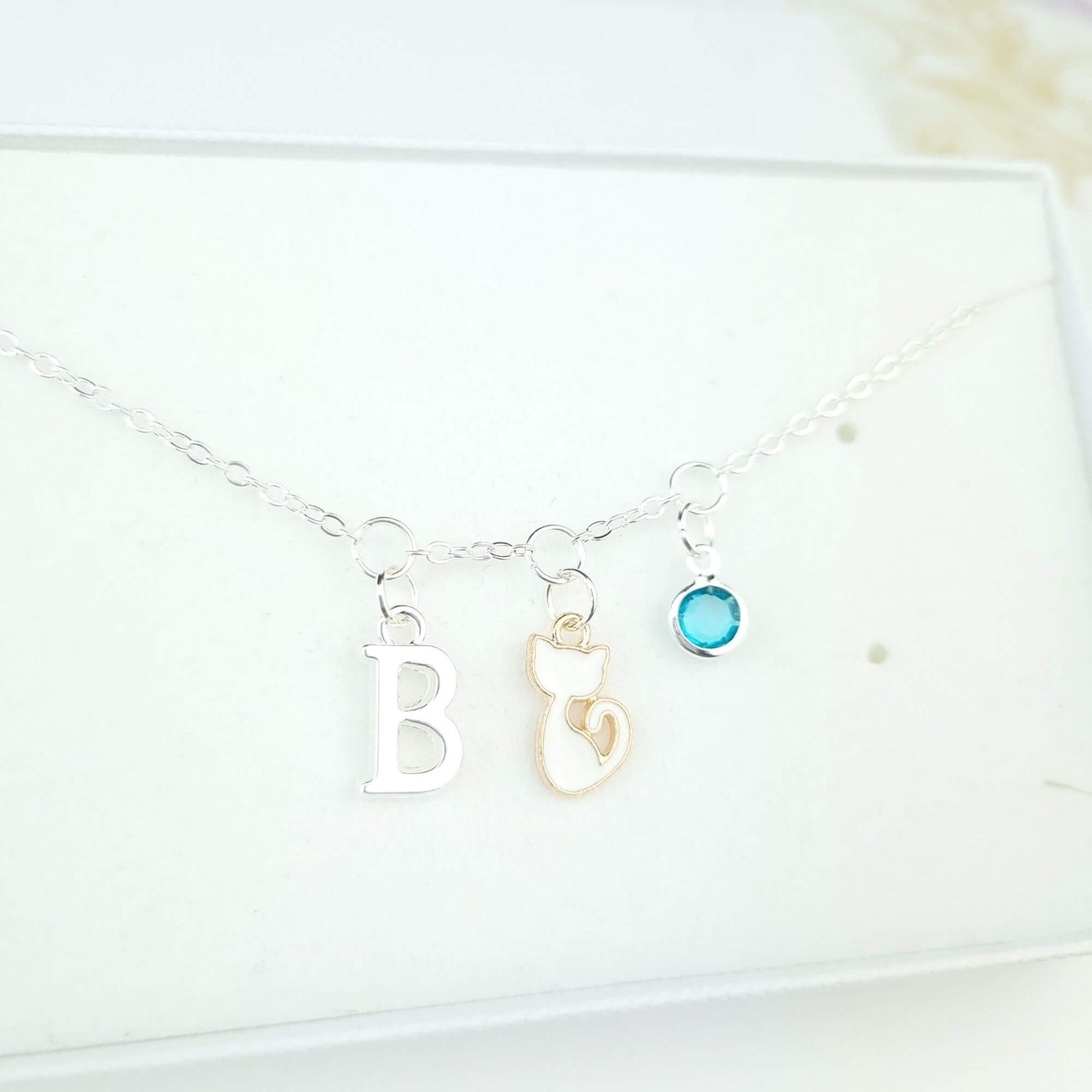 cat bracelet personalised with initial and birthstone