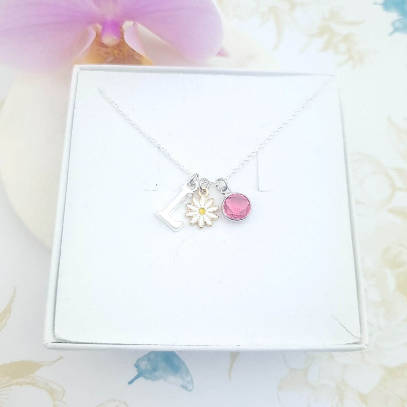 daisy flower necklace with initial and birthstone