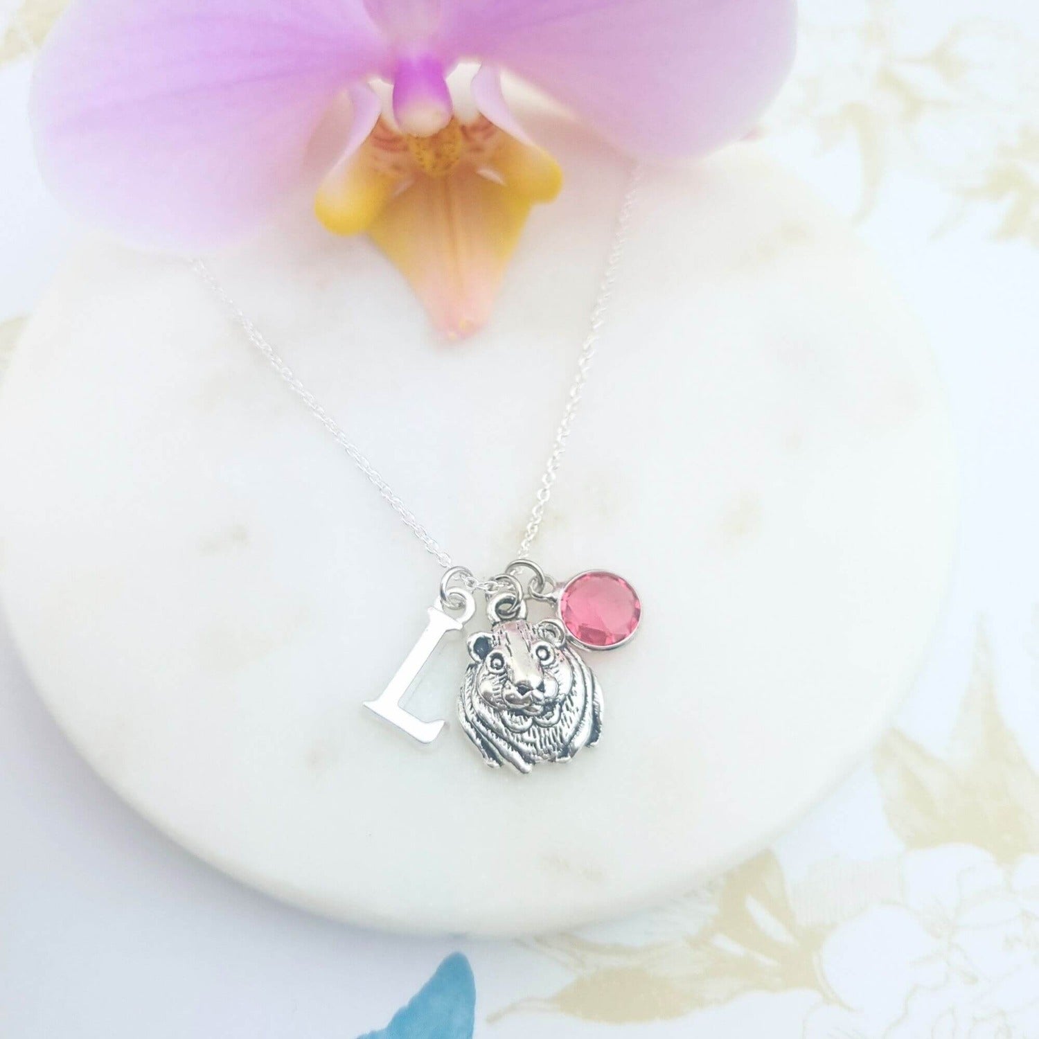 guinea pig sterling silver necklace with initial and birthstone