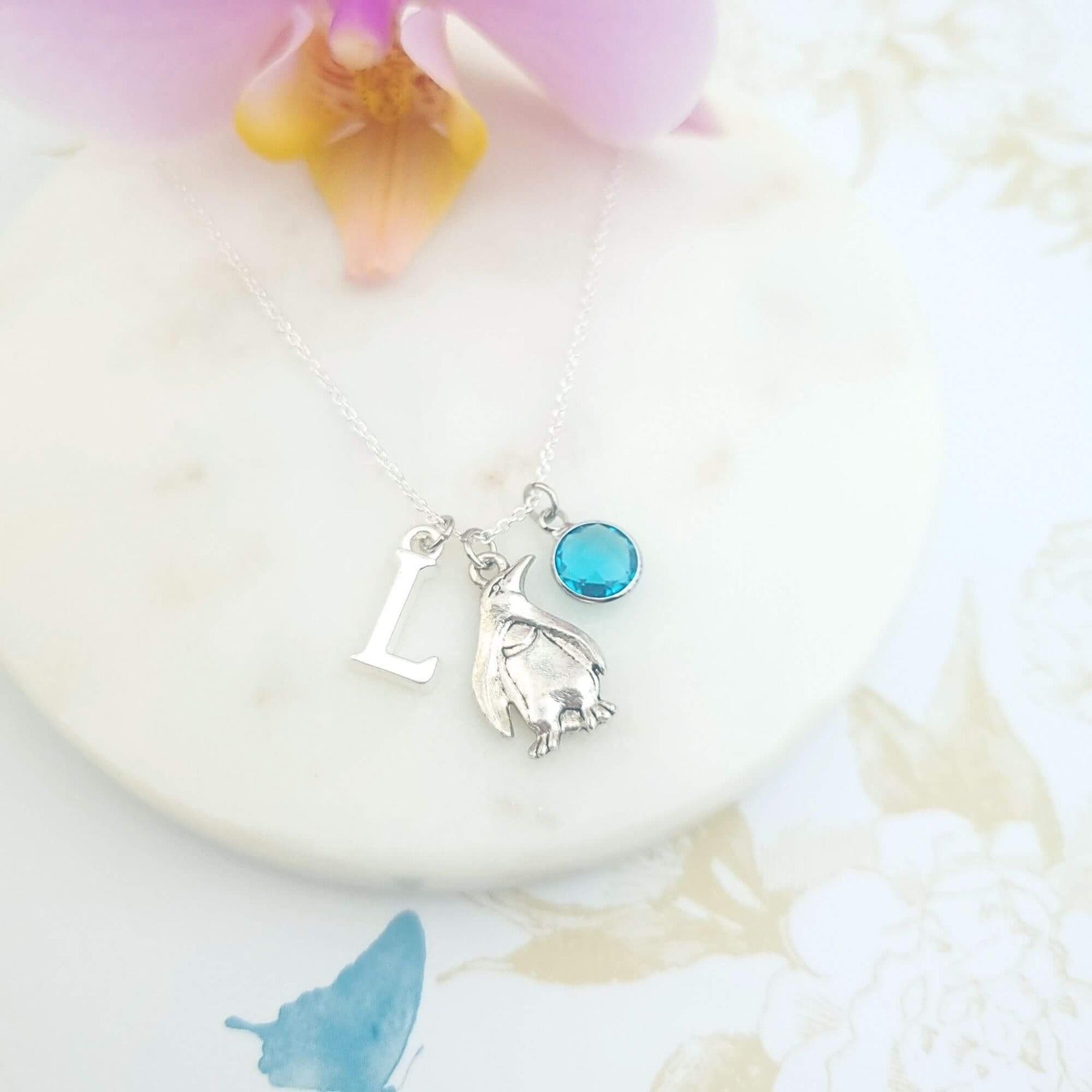 sterling silver penguin necklace with initial and birthstone