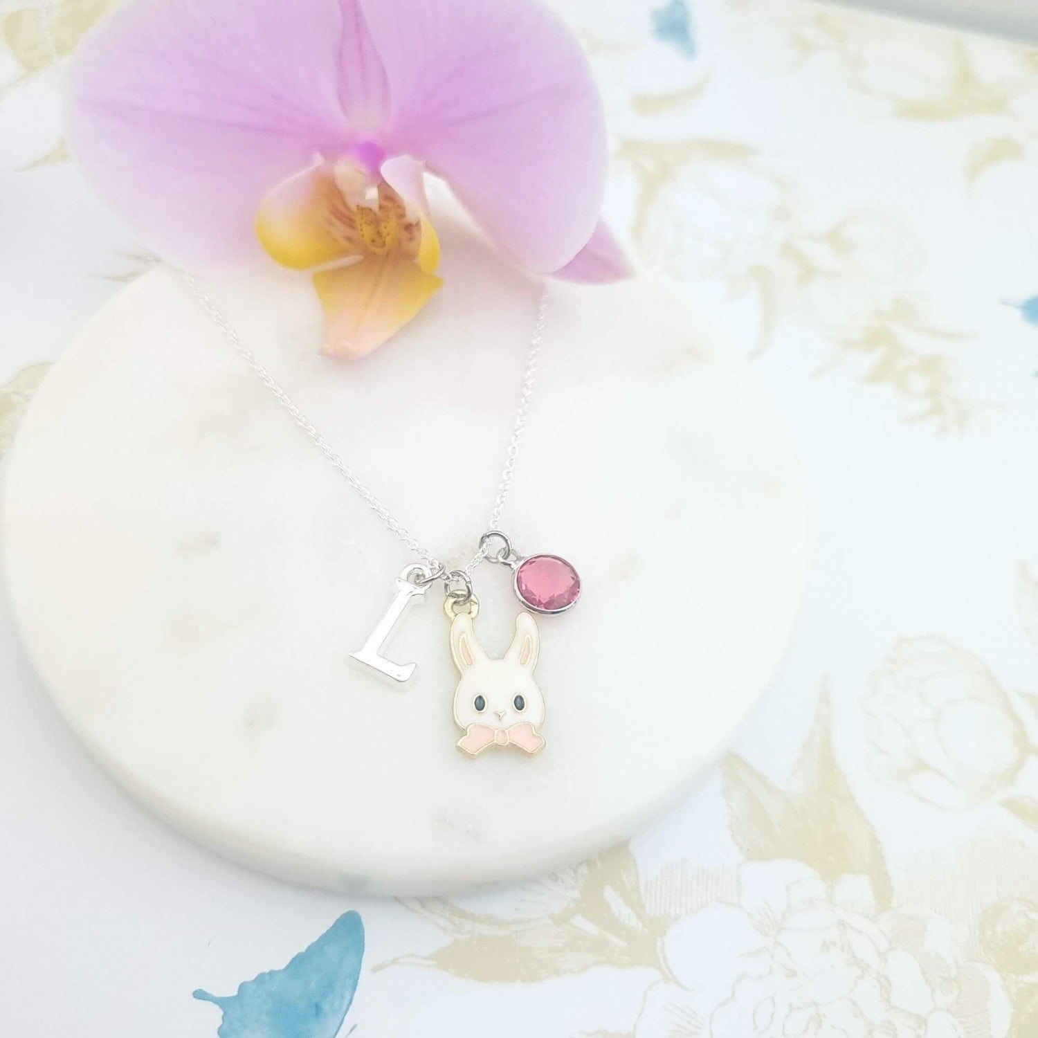 bunny necklace for children personalised with initial and birthstone