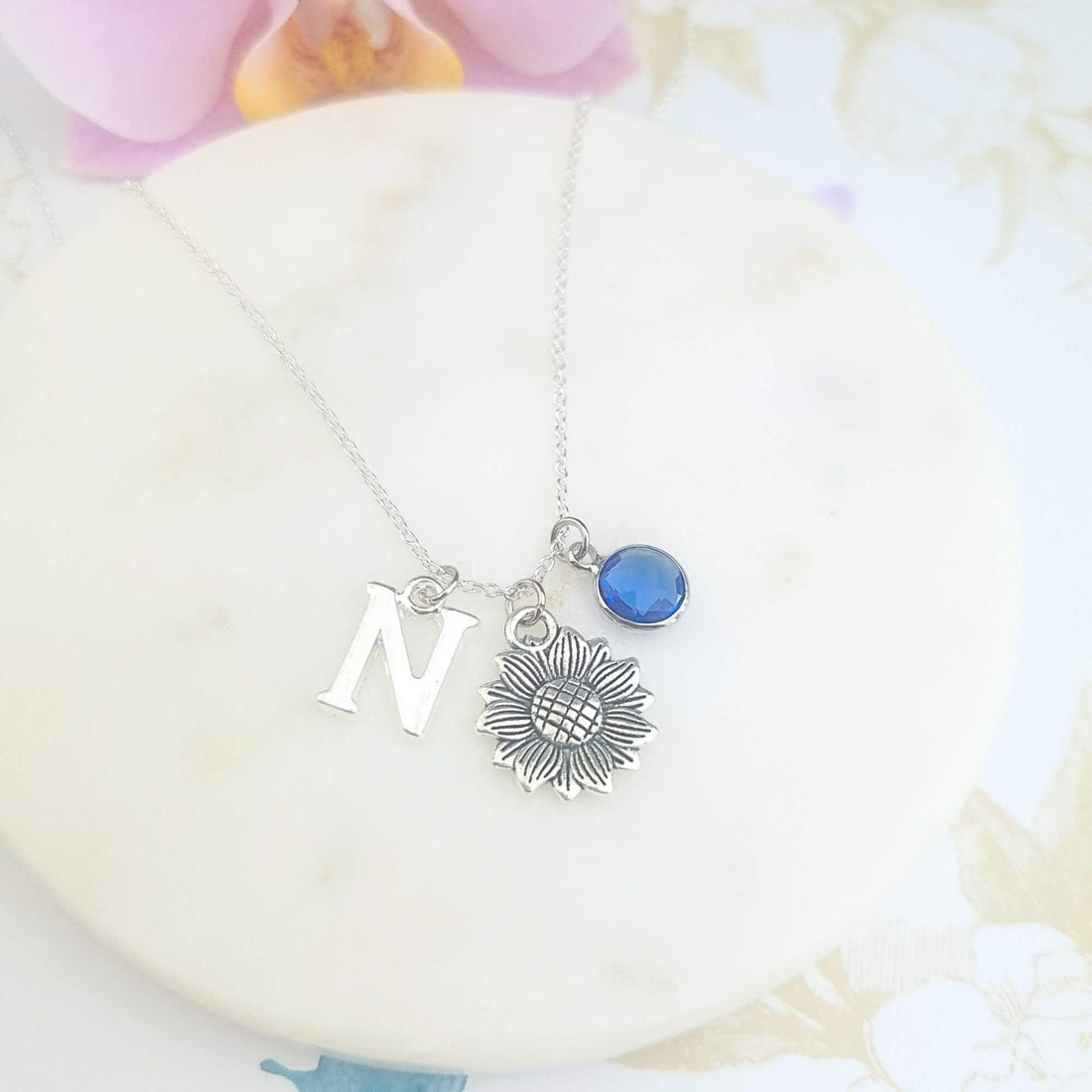 personalised sunflower necklace in sterling silver