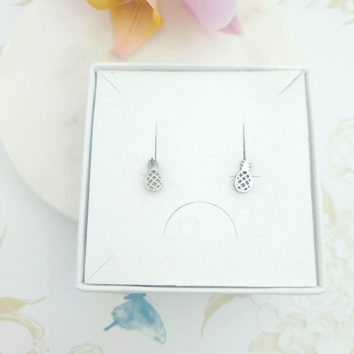 cute pineapple fruit stud earrings in a gift box