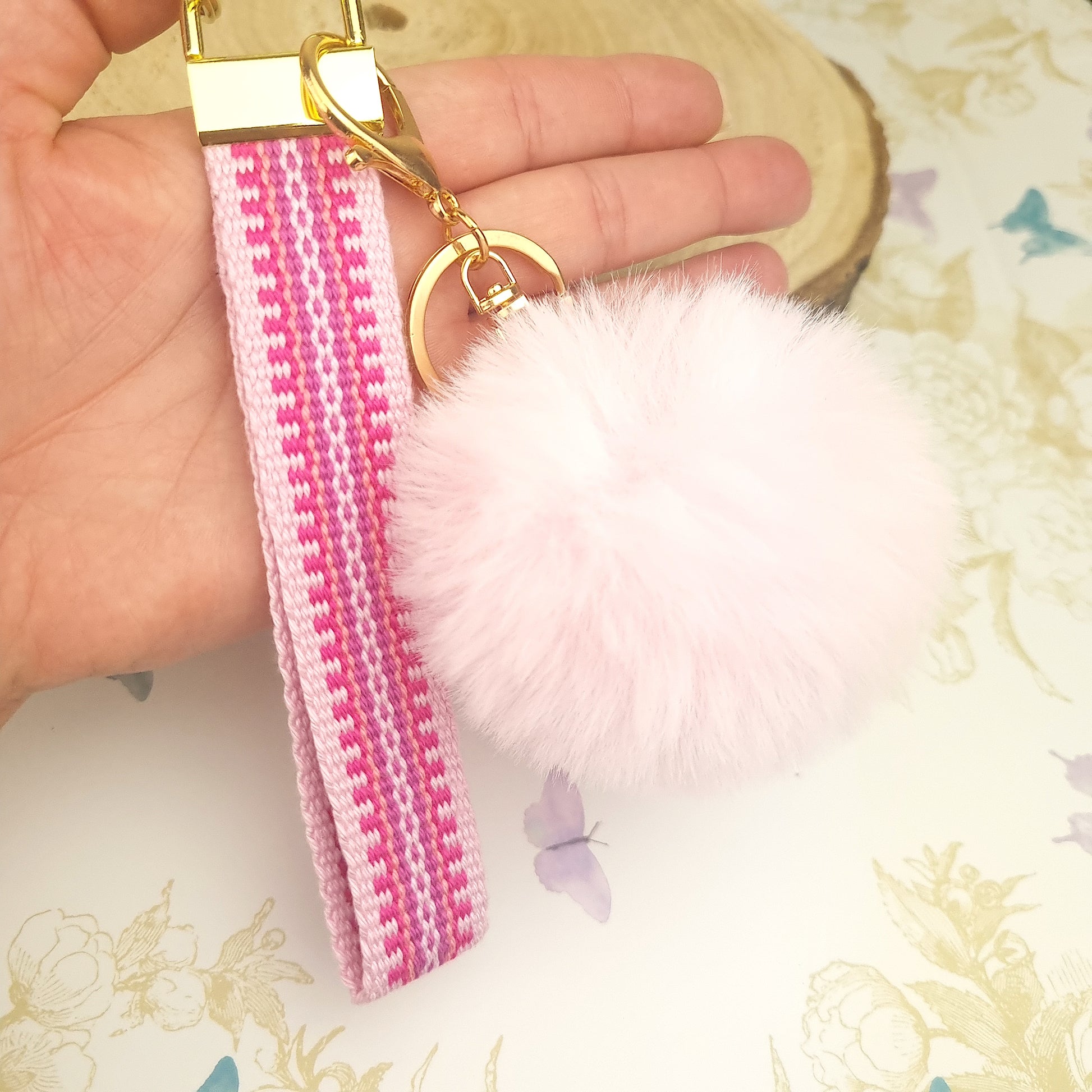 handmade wristlet keychain with pom pom