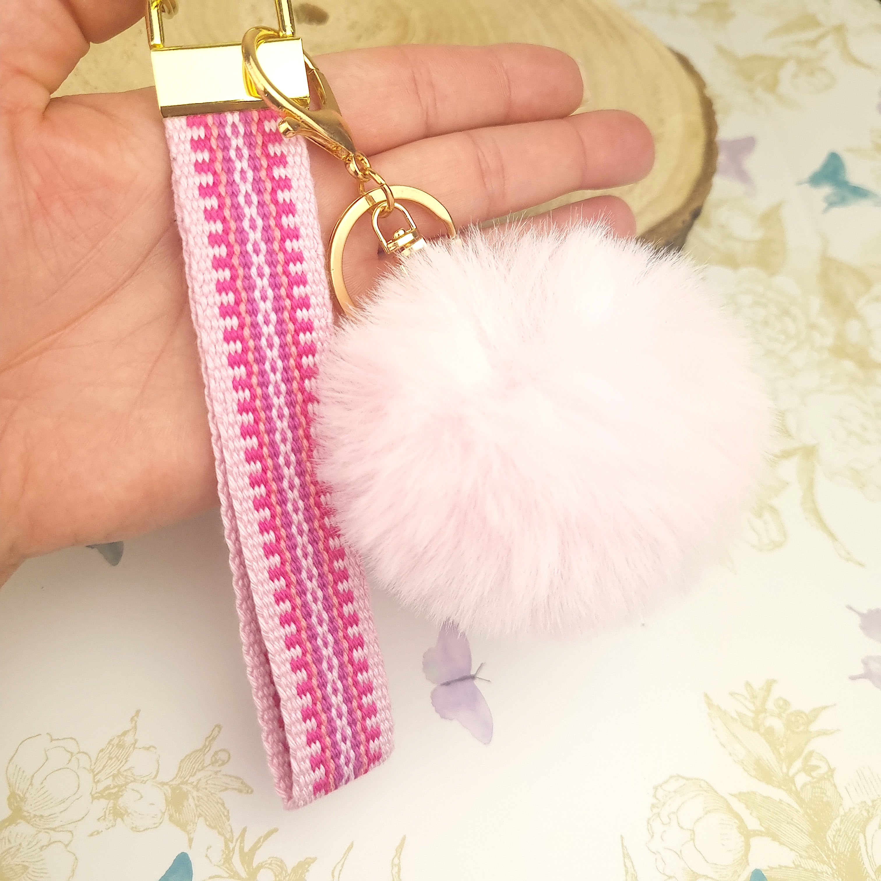 handmade wristlet keychain with pom pom