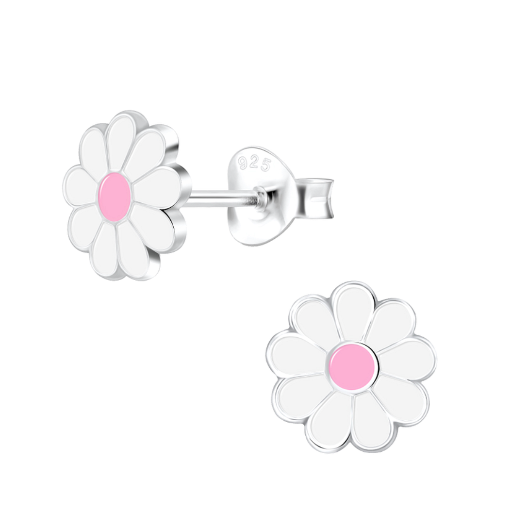 A pair of sterling silver daisy stud earrings with white enamel petals and a pink centre, secured with butterfly backs. A cute and delicate floral jewellery piece for girls.