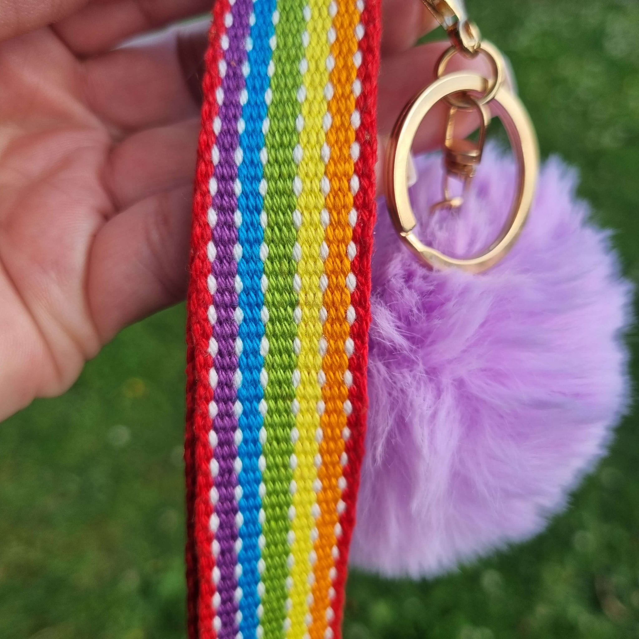 rainbow keychain wristlet with pompom
