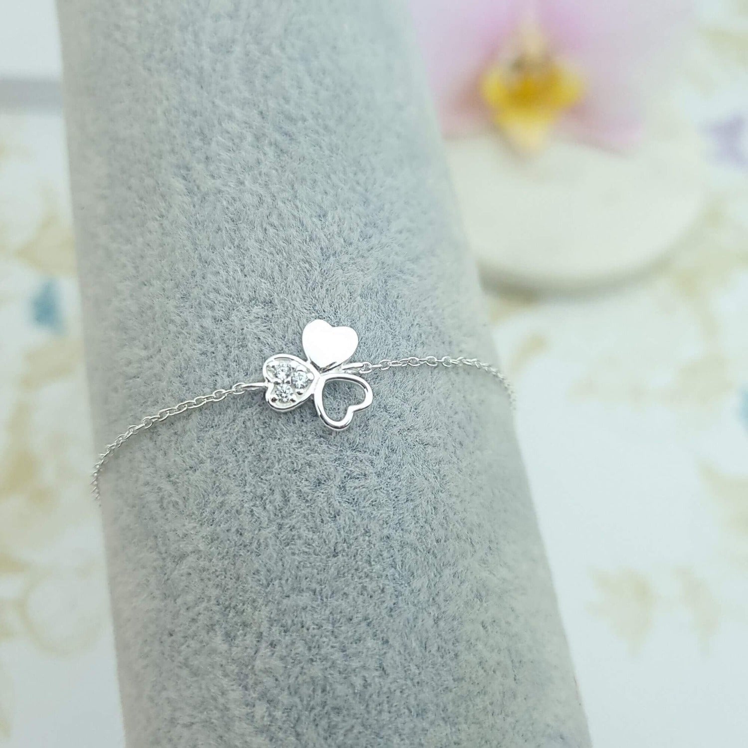 sterling silver cz stone shamrock bracelet with extension