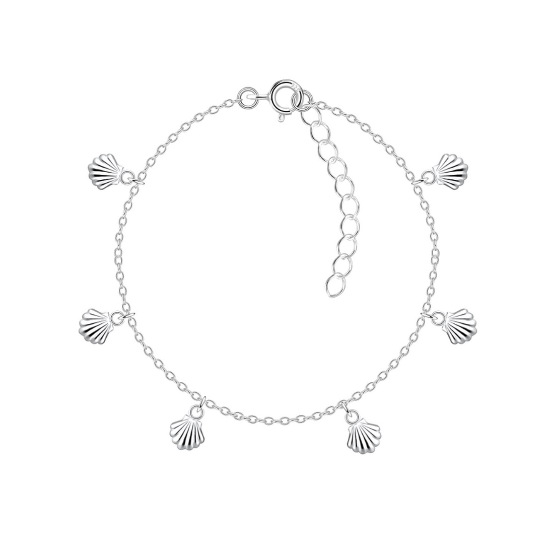 Sterling silver shell charm bracelet with five small sea shell pendants on a delicate adjustable chain, displayed on a white background.