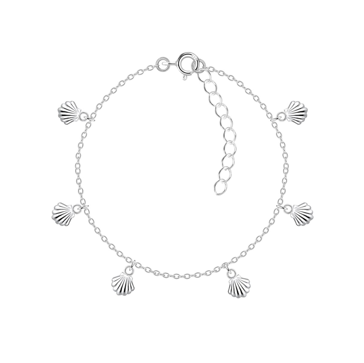 Sterling silver shell charm bracelet with five small sea shell pendants on a delicate adjustable chain, displayed on a white background.