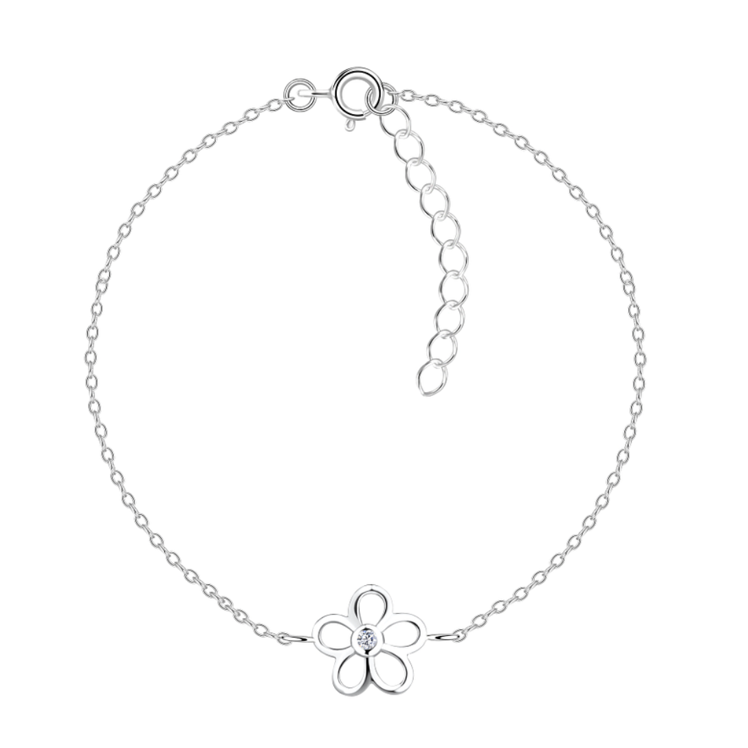 A sterling silver bracelet with a delicate daisy flower charm, featuring a sparkling cubic zirconia centre on a fine 1mm chain, with an adjustable 15cm + 3cm extension, displayed on a white background.