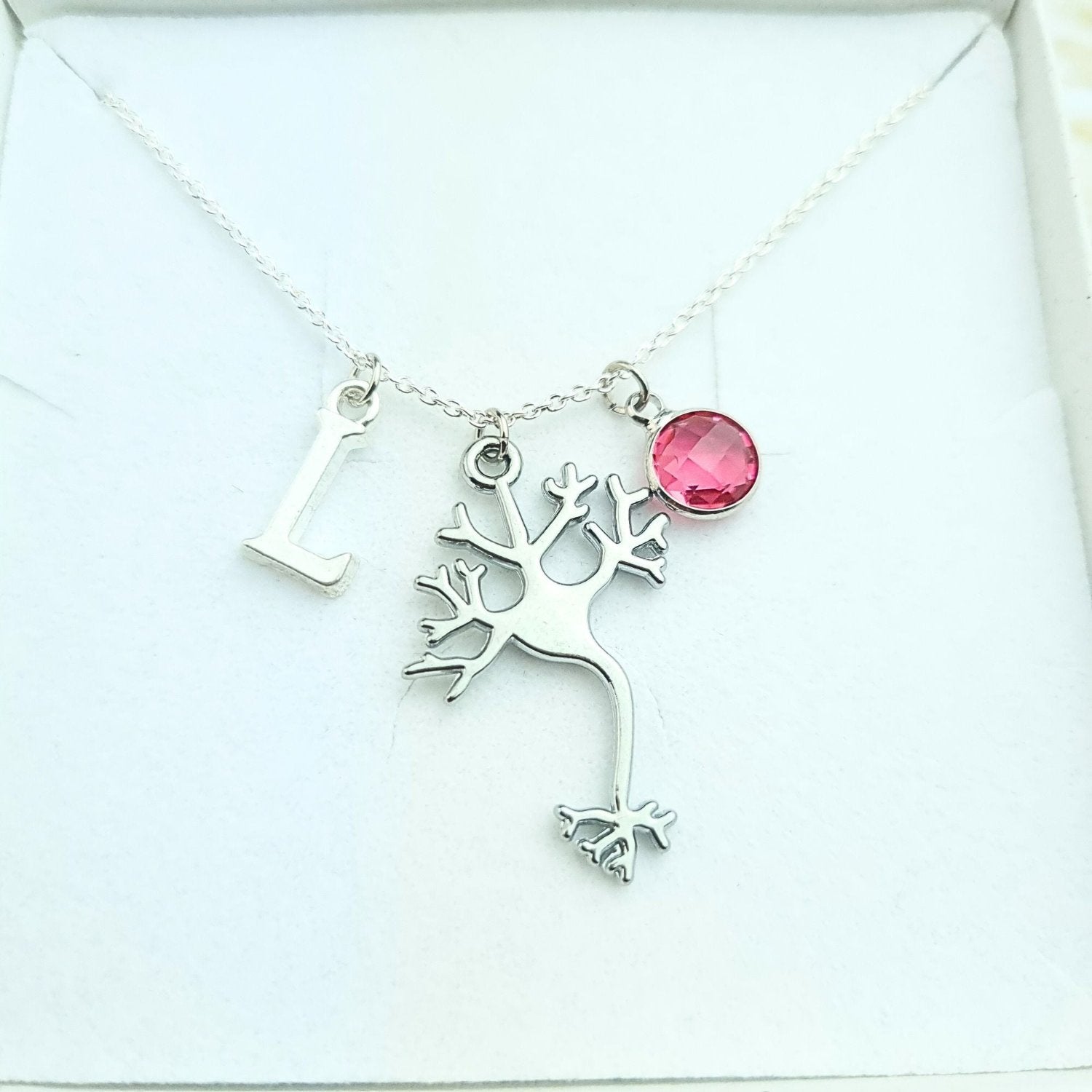 custom necklace with neurone charm, initial and birthstone