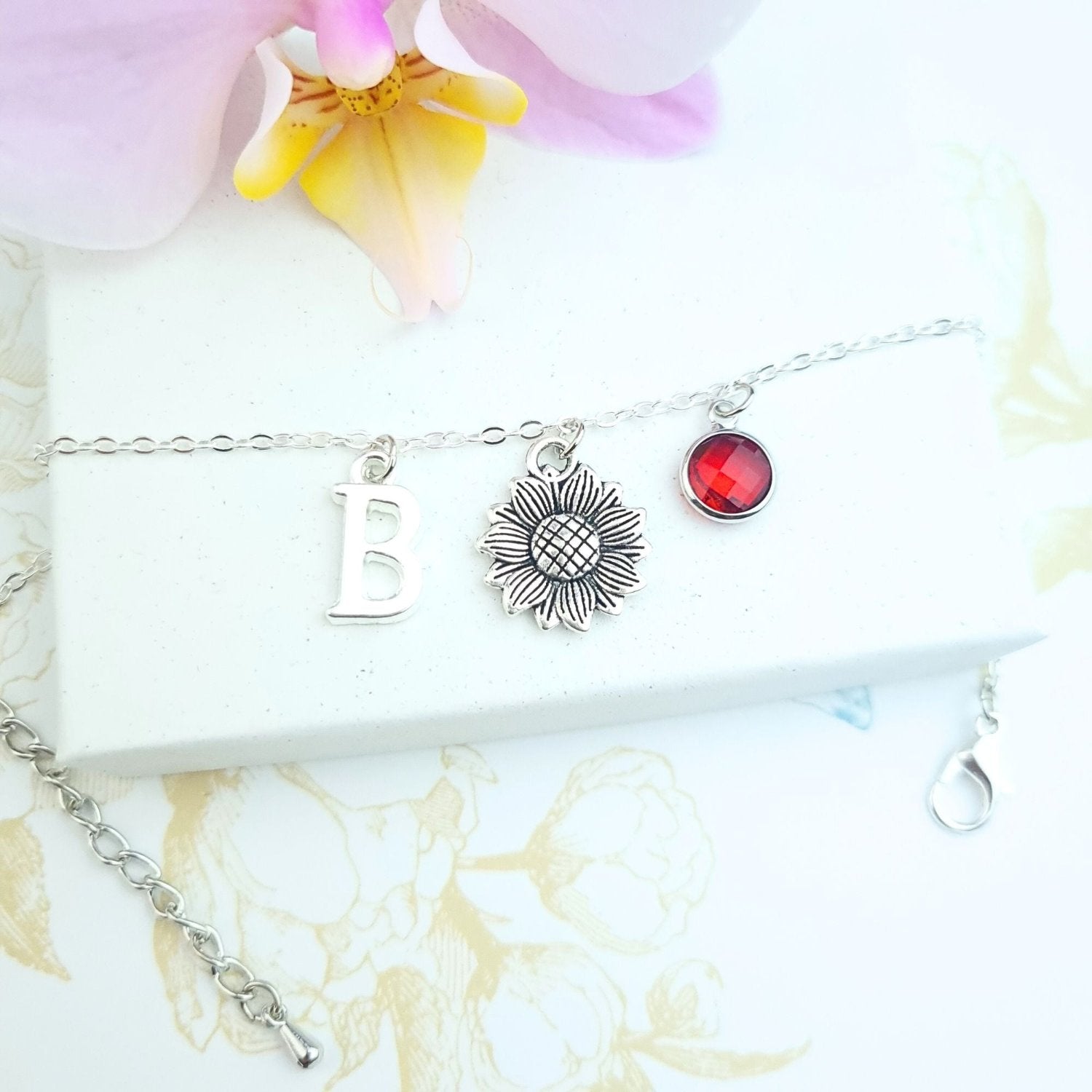 custom sunflower bracelet with initial and birthstone