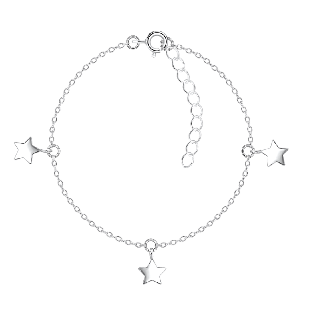 A delicate sterling silver bracelet with three small star charms, featuring a fine 1mm chain and an adjustable 15cm + 3cm extension, displayed on a white background.