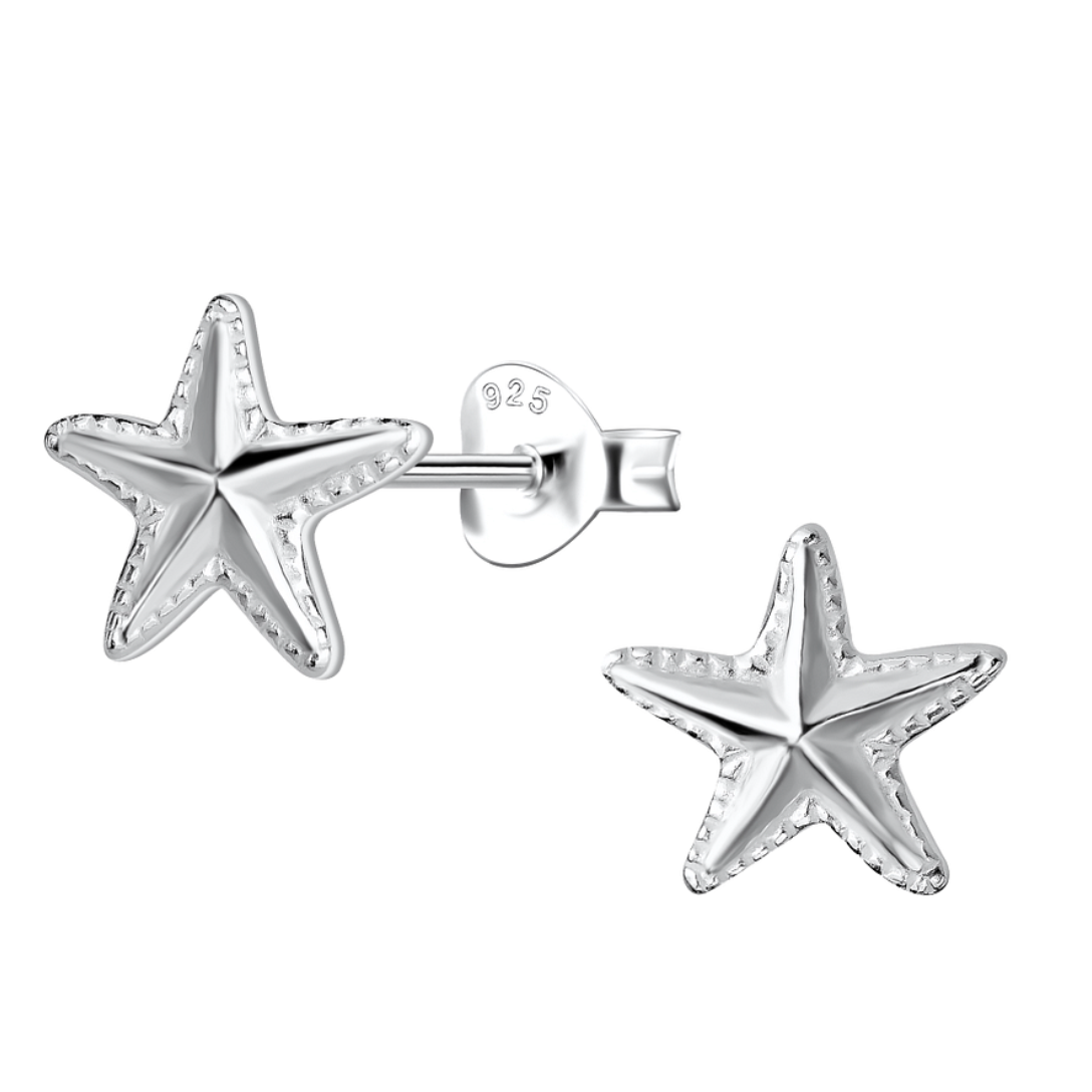 A pair of sterling silver starfish stud earrings, featuring an 8mm intricate starfish design with a polished finish, displayed with a secure butterfly back closure.