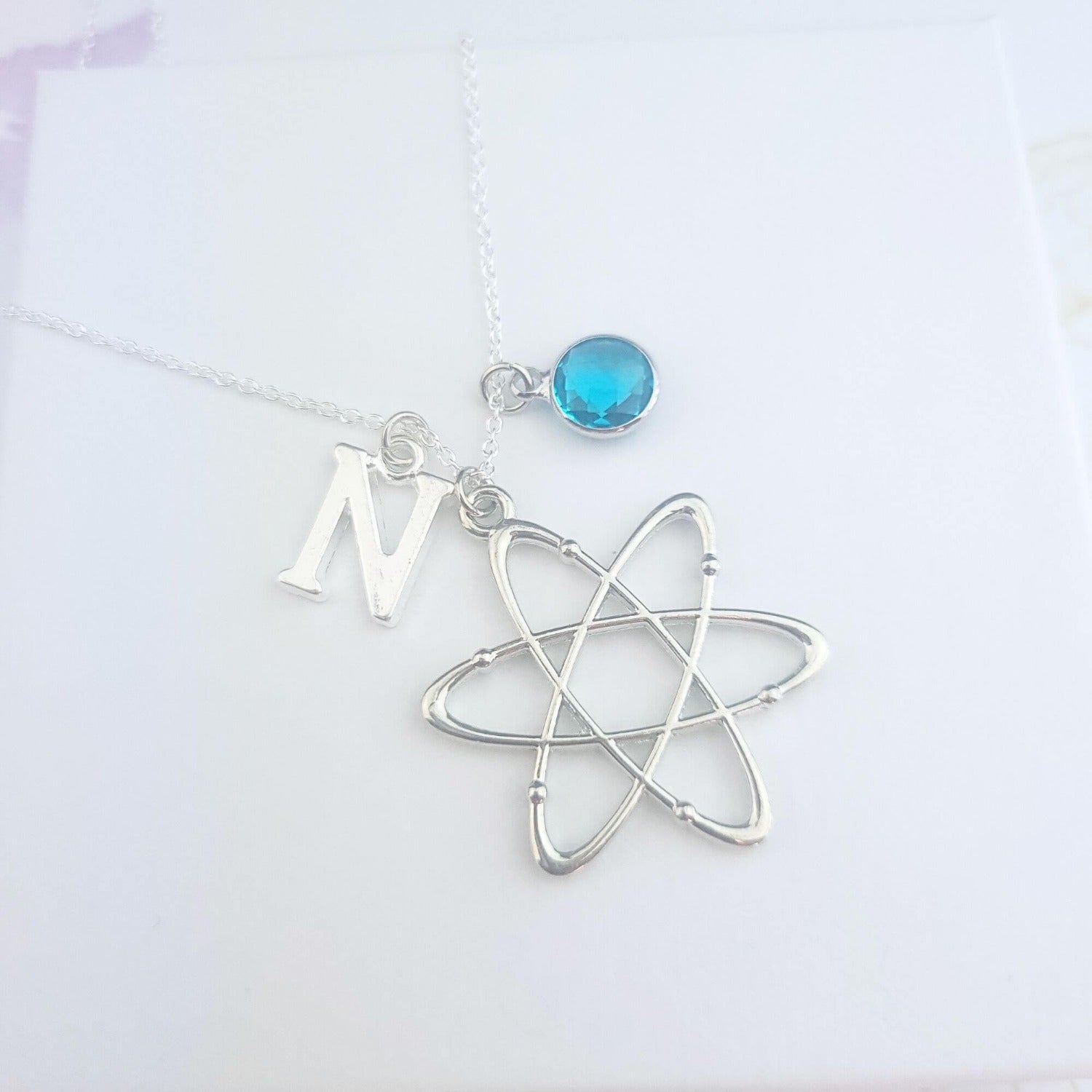 atom necklace with initial and birthstone