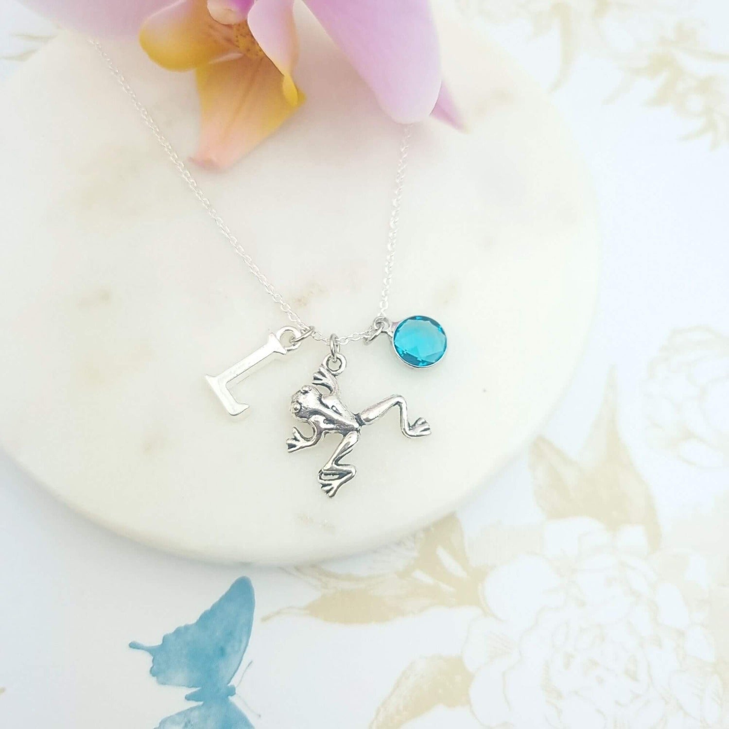 frog necklace personalised with initial and birthstone
