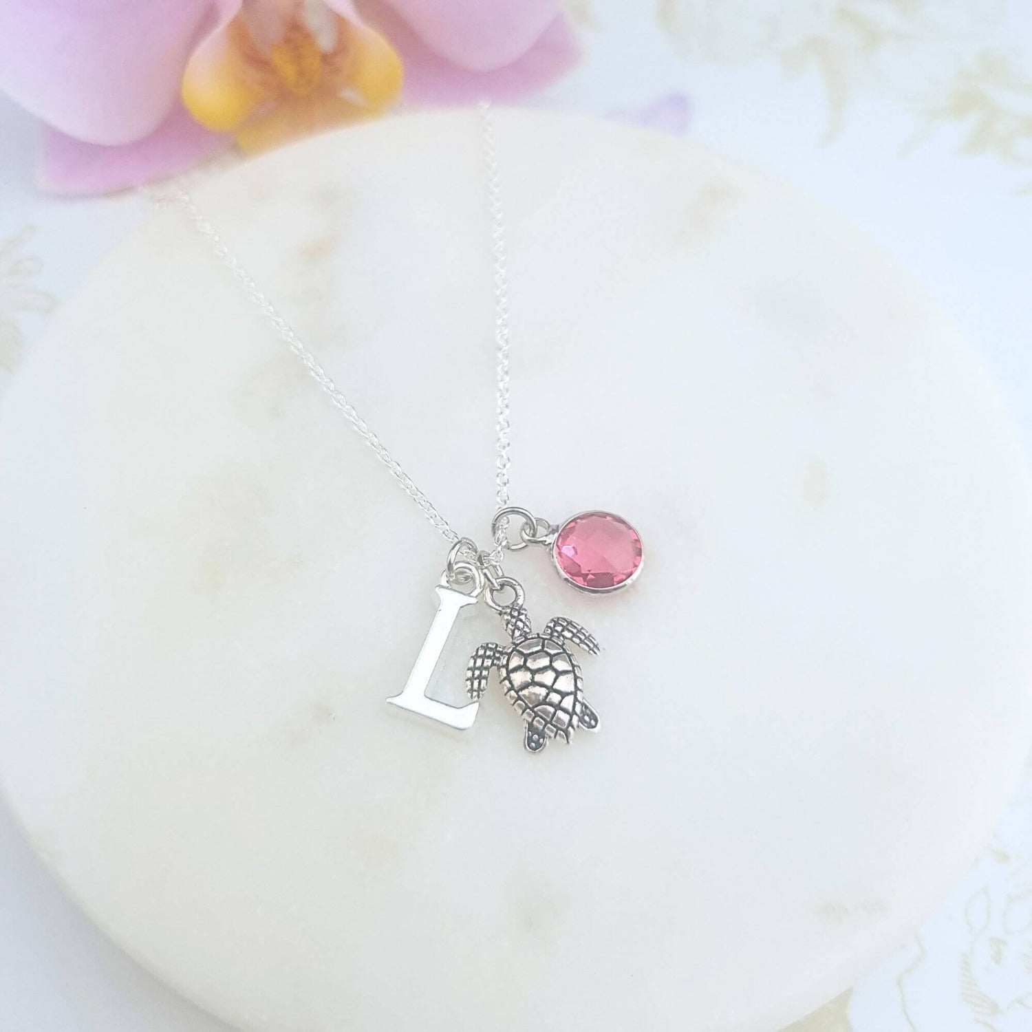 sea turtle necklace personalised with initial and birthstone
