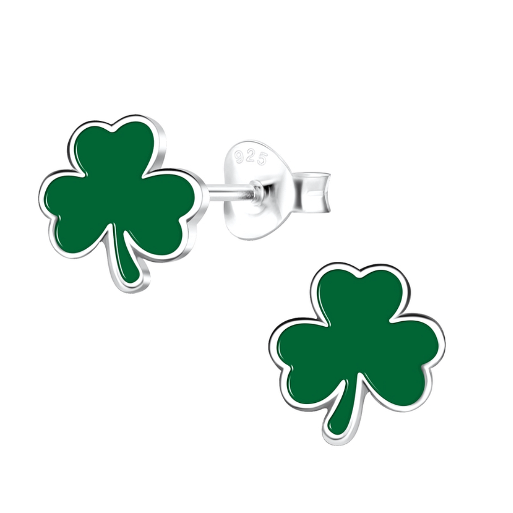 A pair of sterling silver shamrock stud earrings featuring a vibrant green enamel finish, displayed against a white background with butterfly back closures.