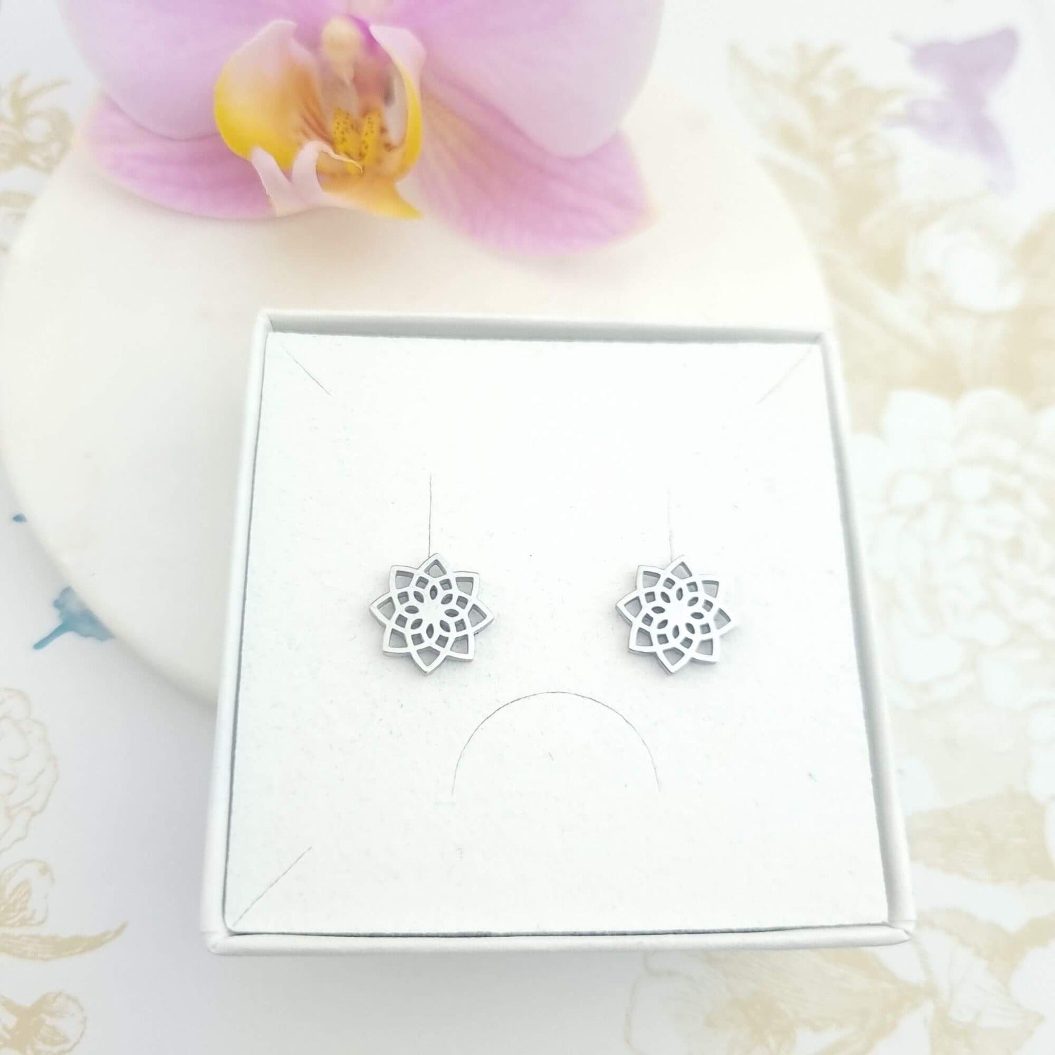 mandala silver stud earrings