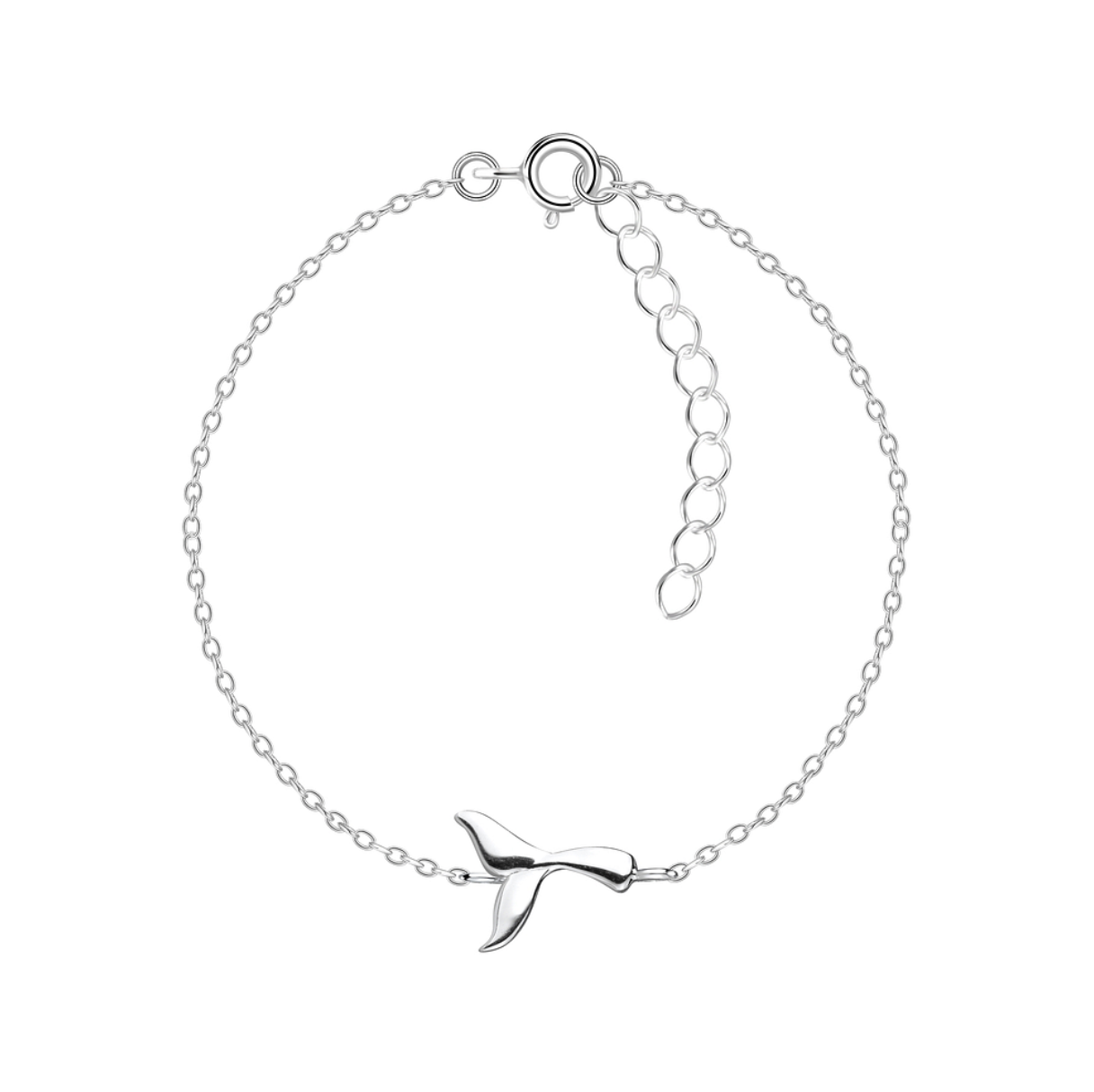 Sterling silver whale tail bracelet on a delicate adjustable chain, displayed on a white background.