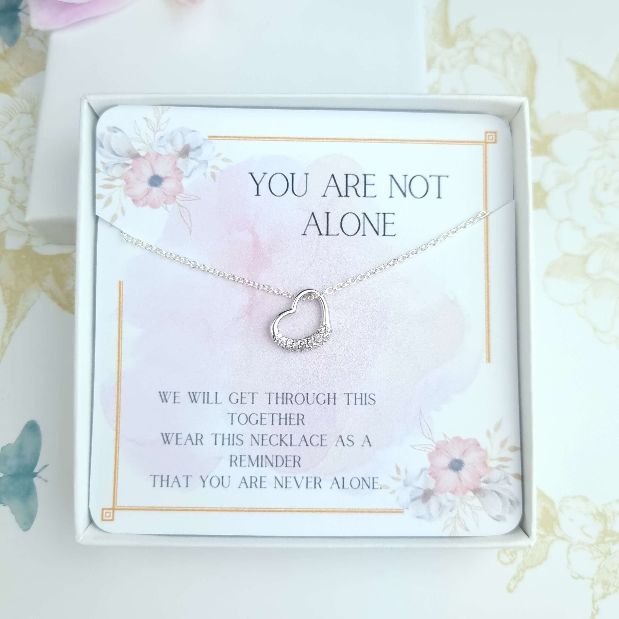 you are not alone gift, sterling silver heart necklace with message and gift box