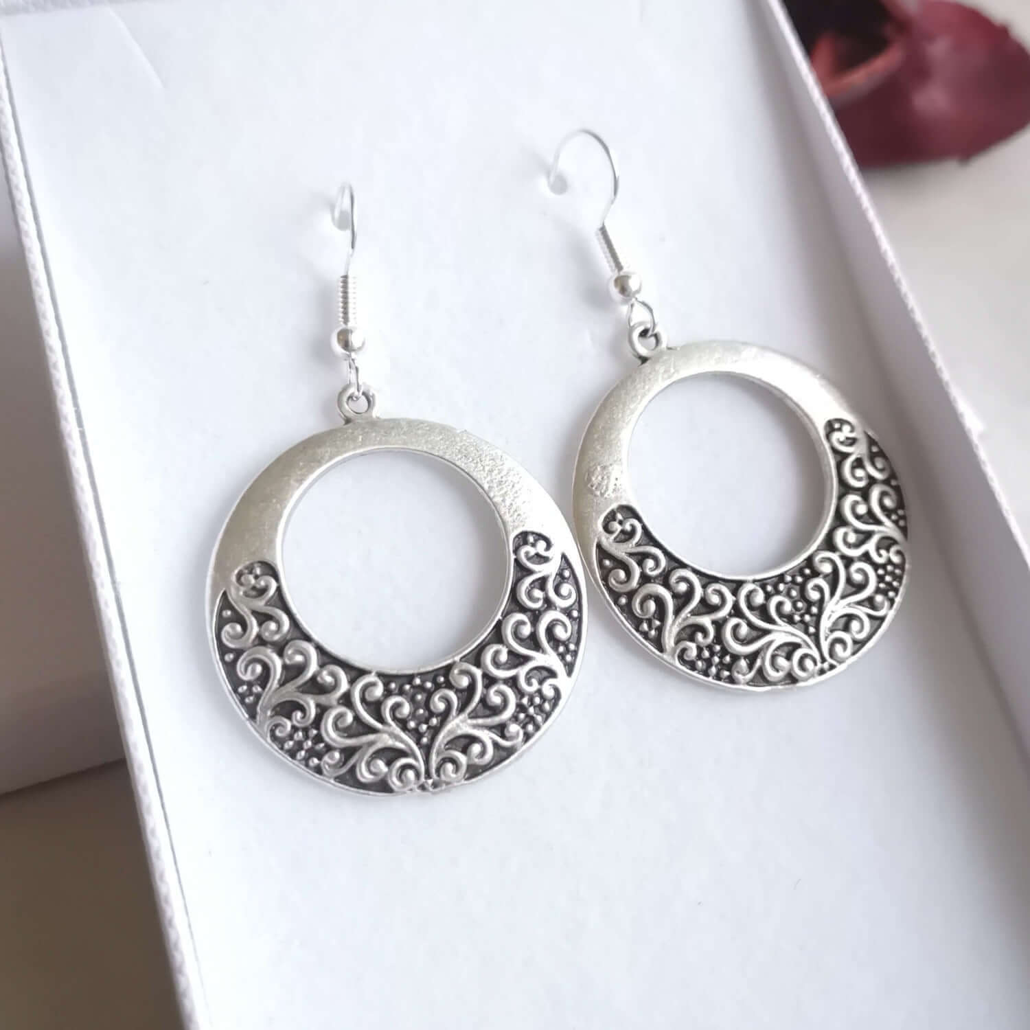 Boho silver round earrings in a gift box