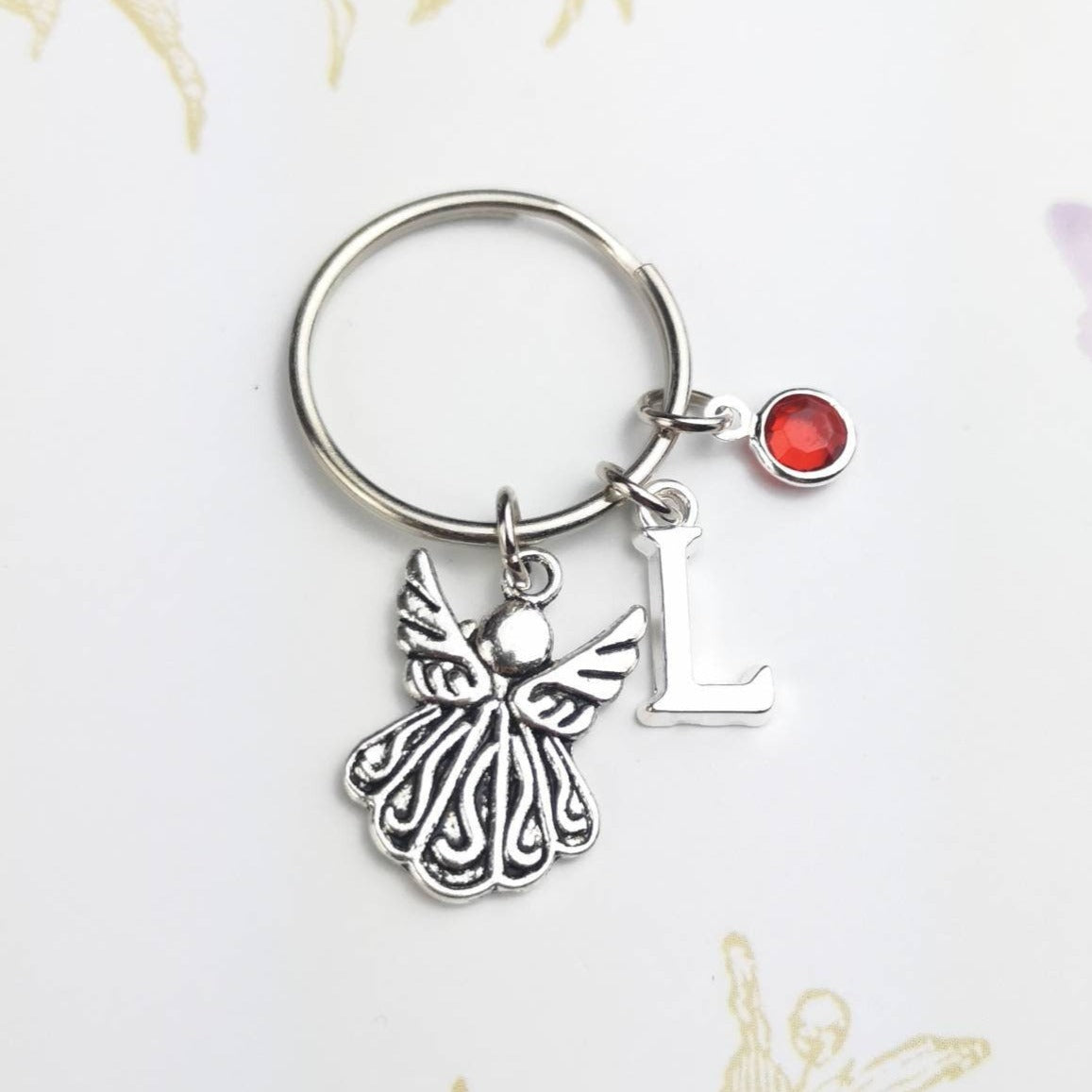 Personalised guardian angel keyring with initial and birthstone