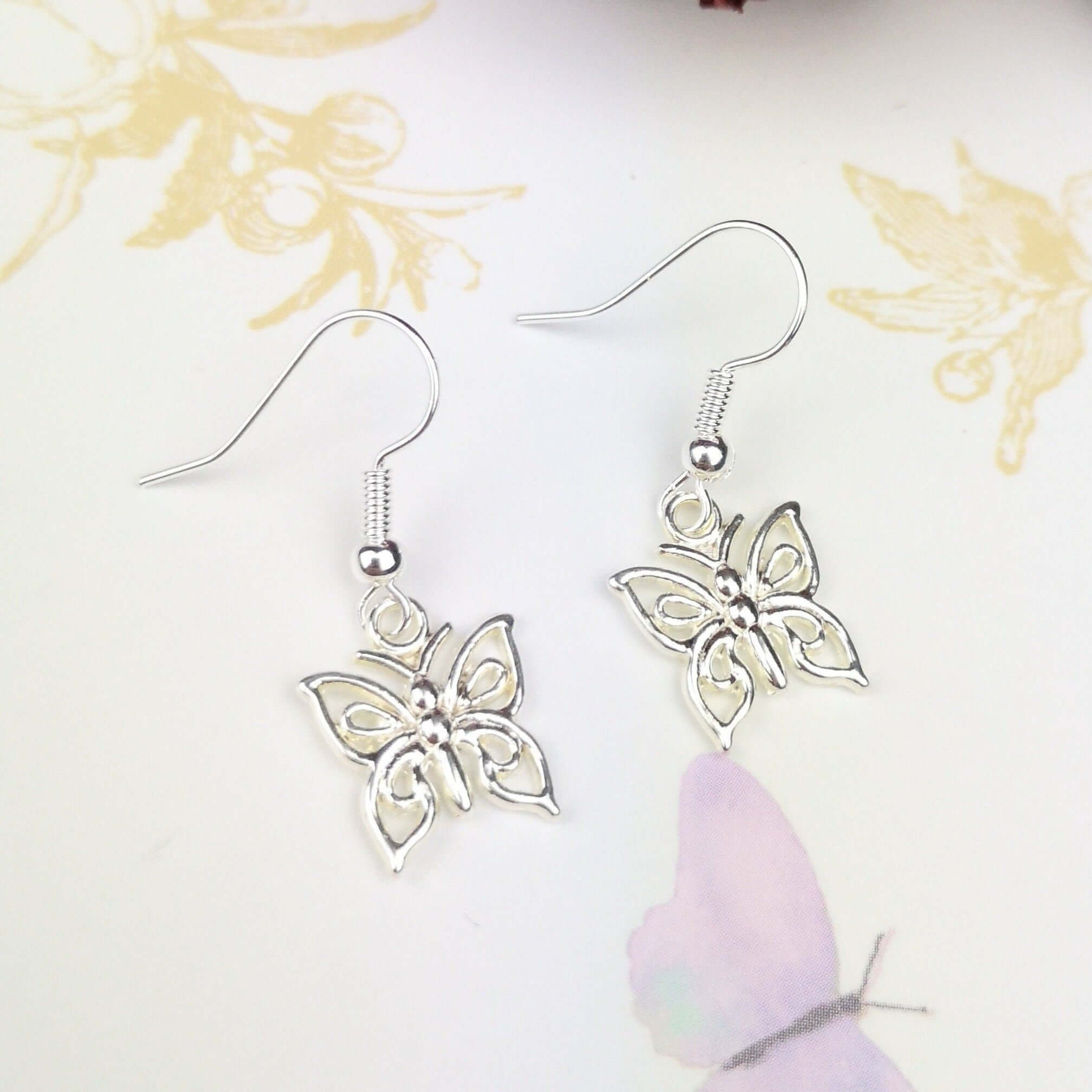 Butterfly dangle drop earrings silver