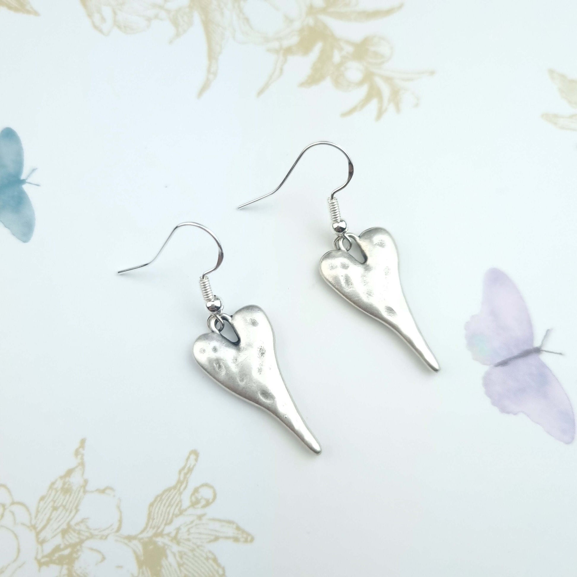 dangle drop hammered heart earrings