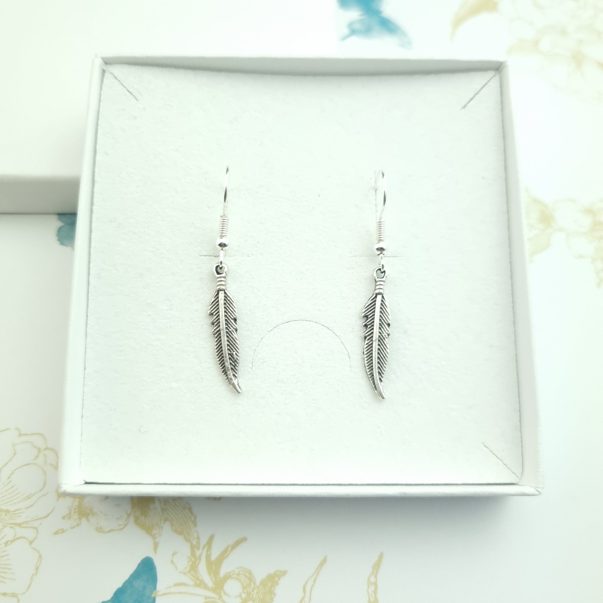 feather silver drop dangle earrings