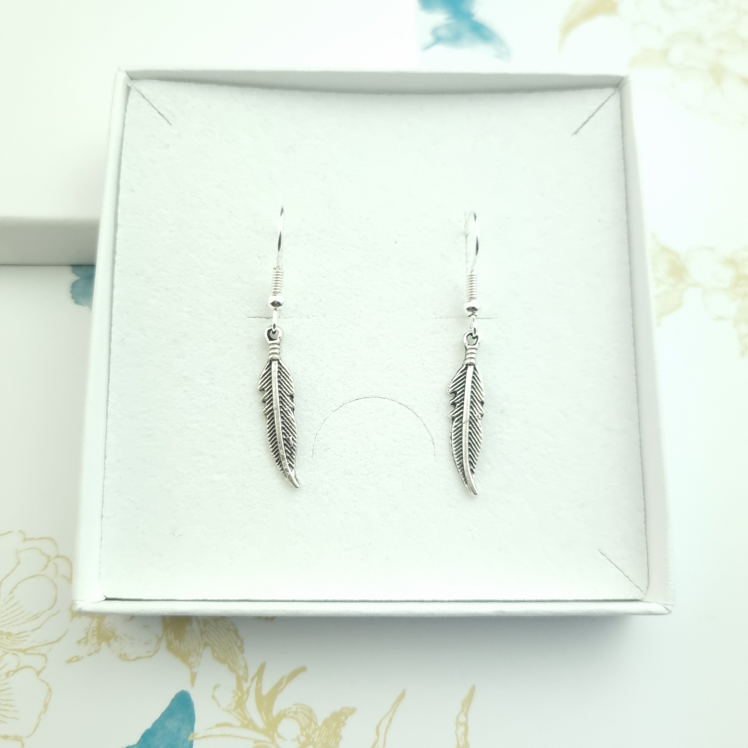 feather silver drop dangle earrings