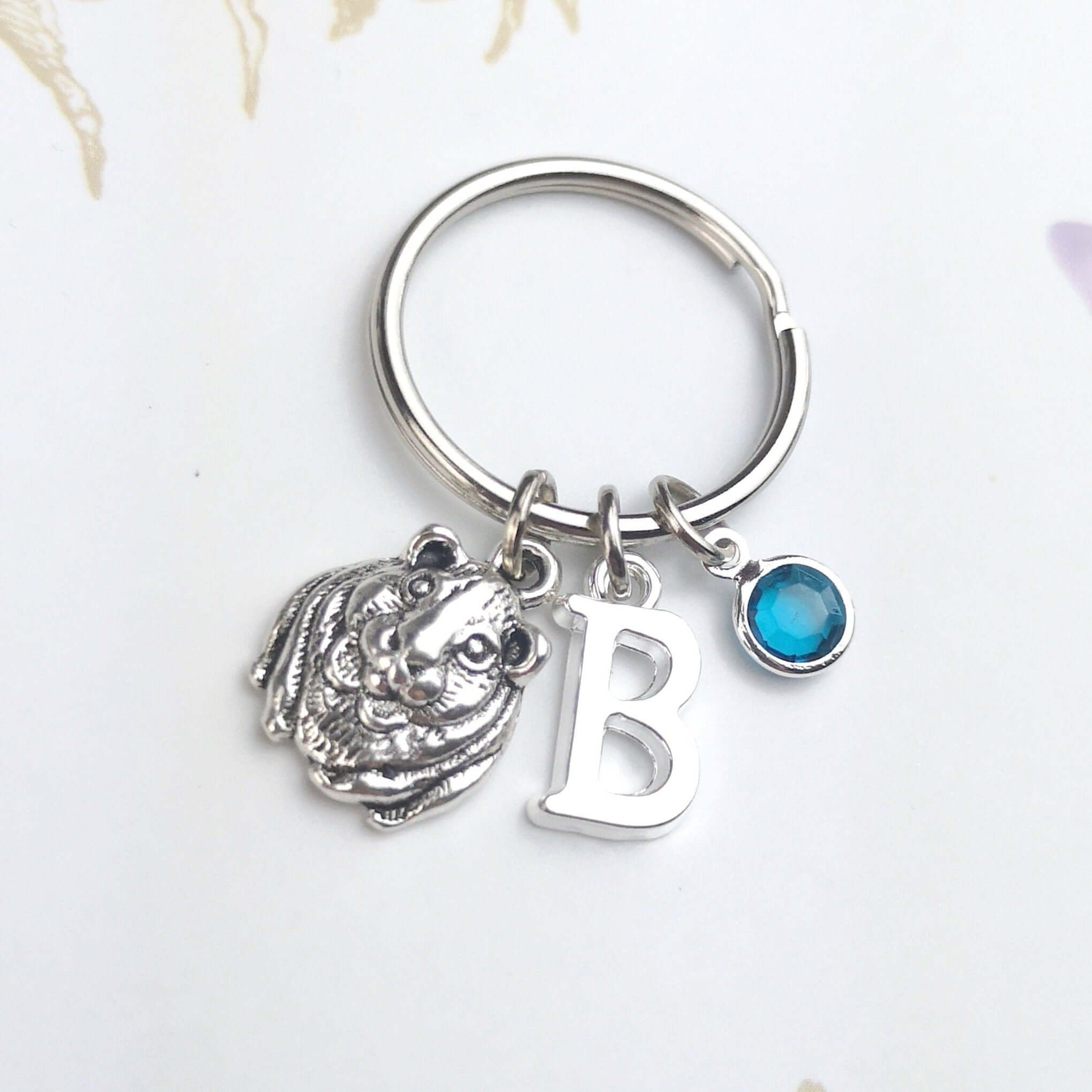 guinea pig keyring with initial and birthstone