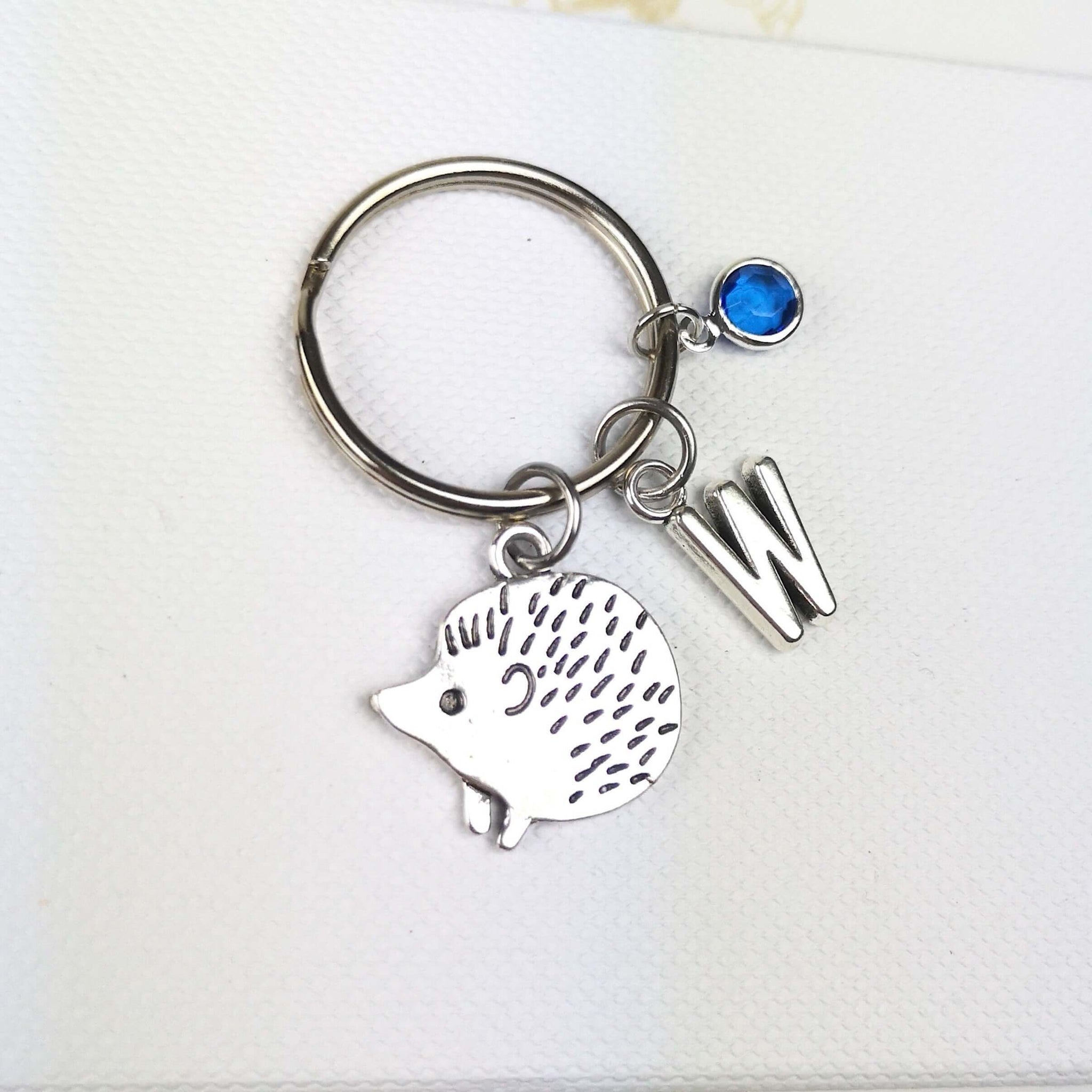 hedgehog keyring with initial and birthstone