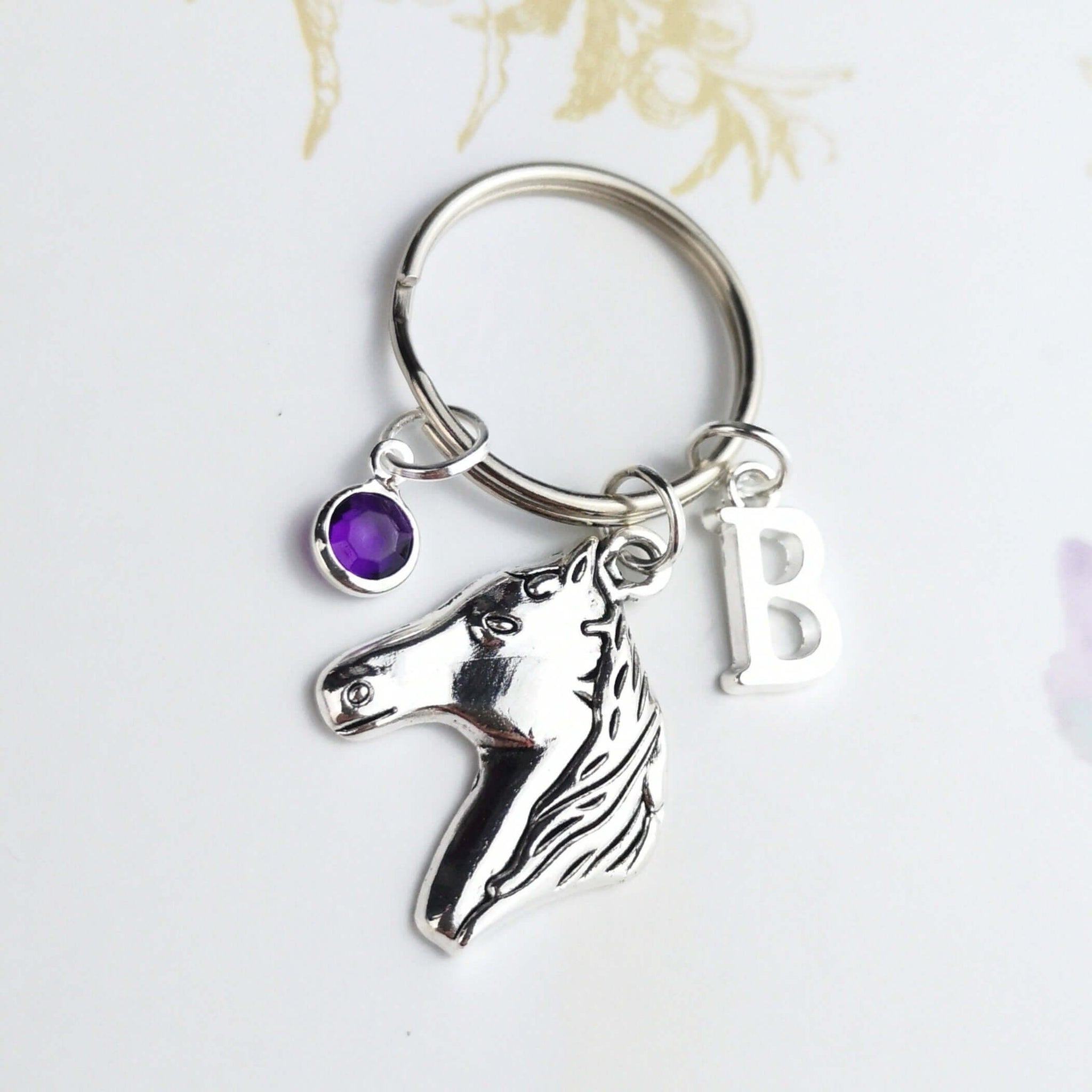 horse head keyring with initial and birthstone