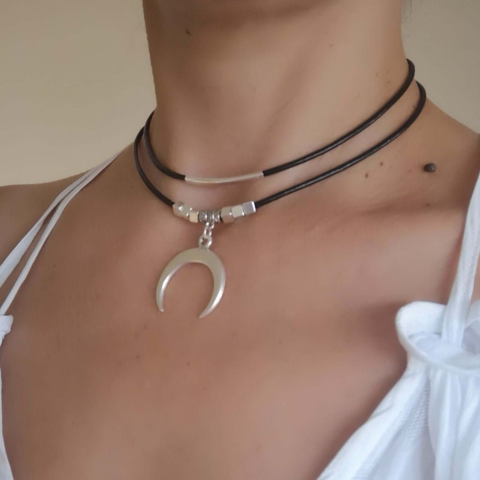Half moon leather choker necklace