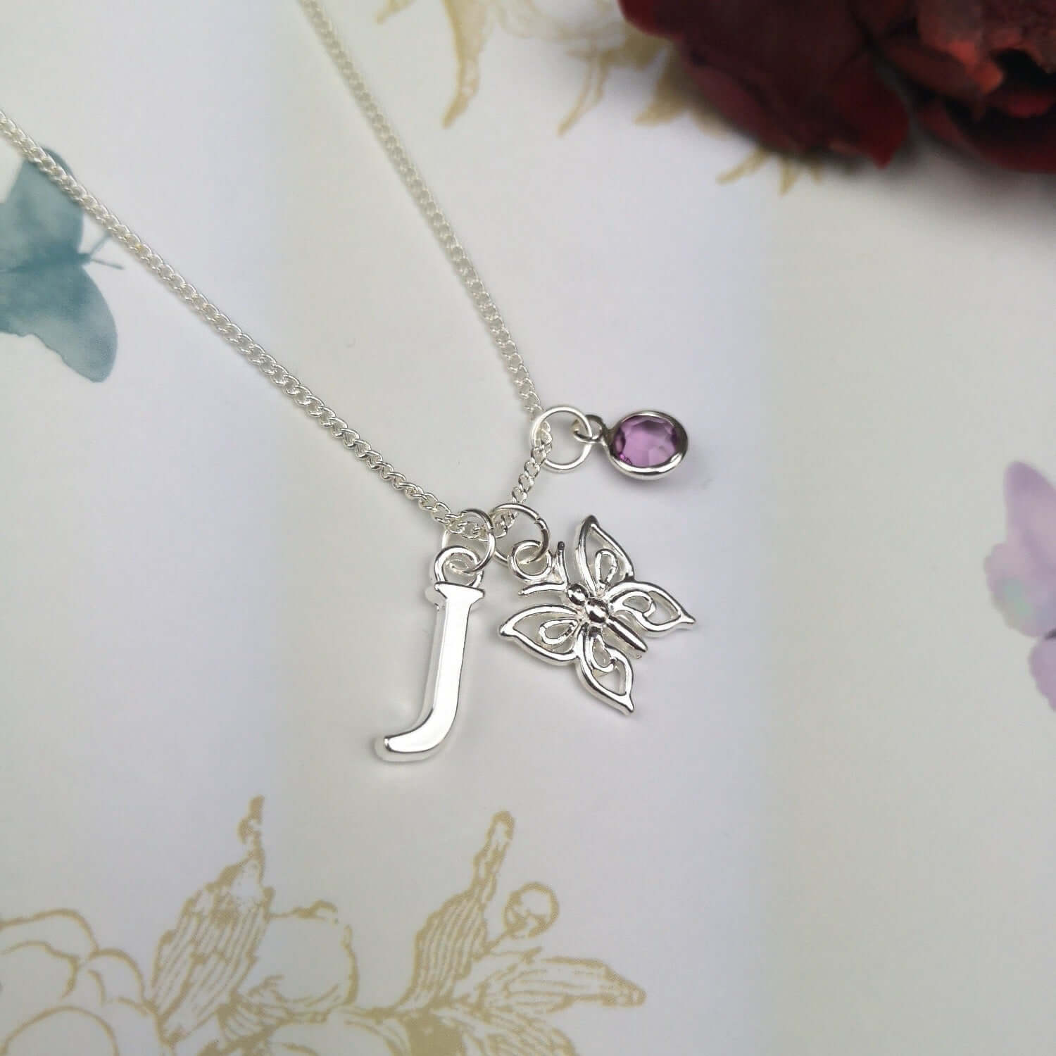 Personalised butterfly necklace with initial and birthstone