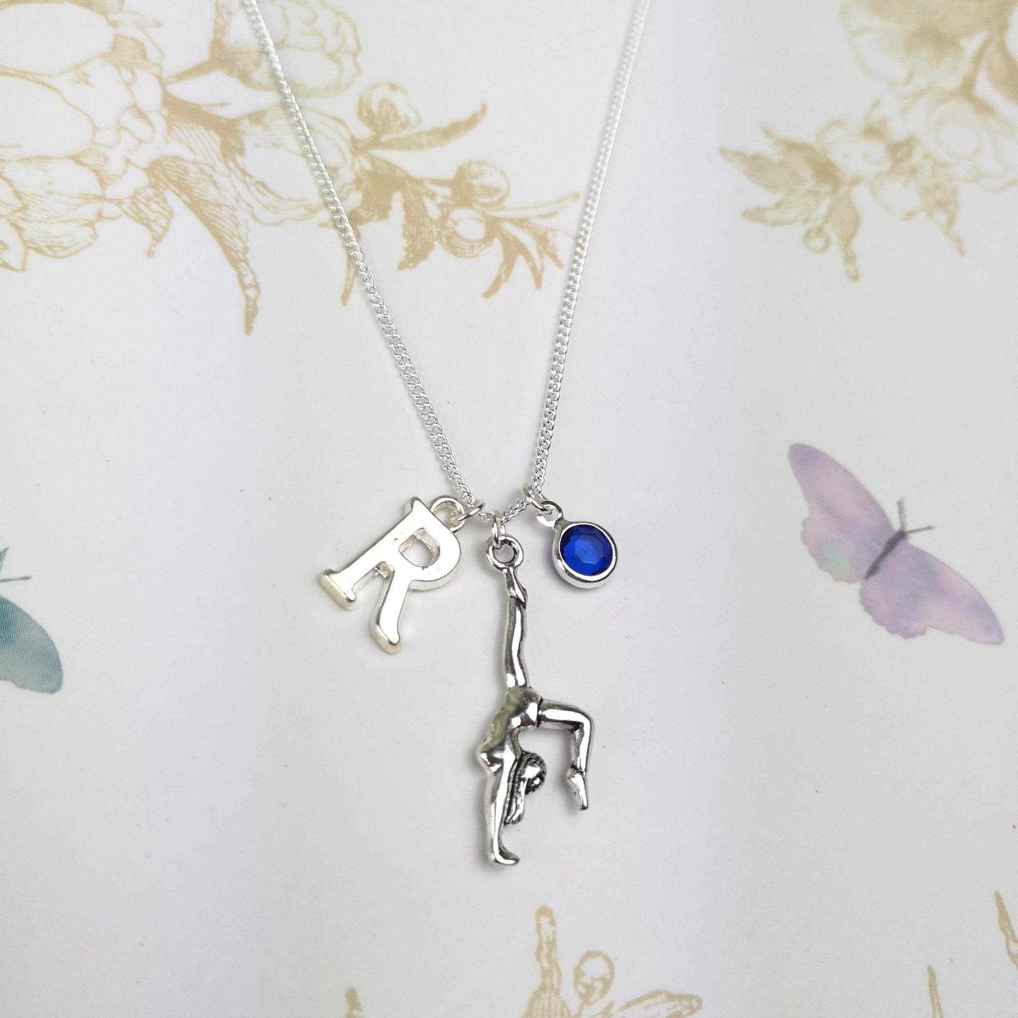 personalised gymnast necklace with initial and birthstone