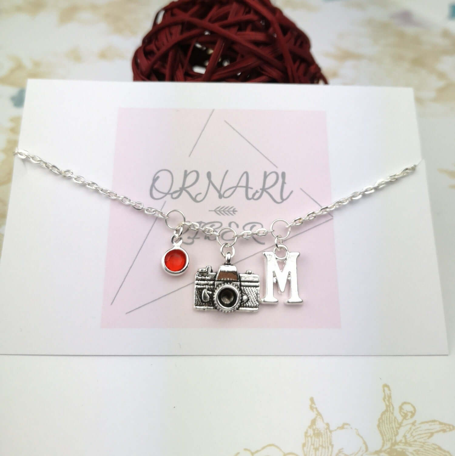 customised silver camera bracelet with initial and birthstone