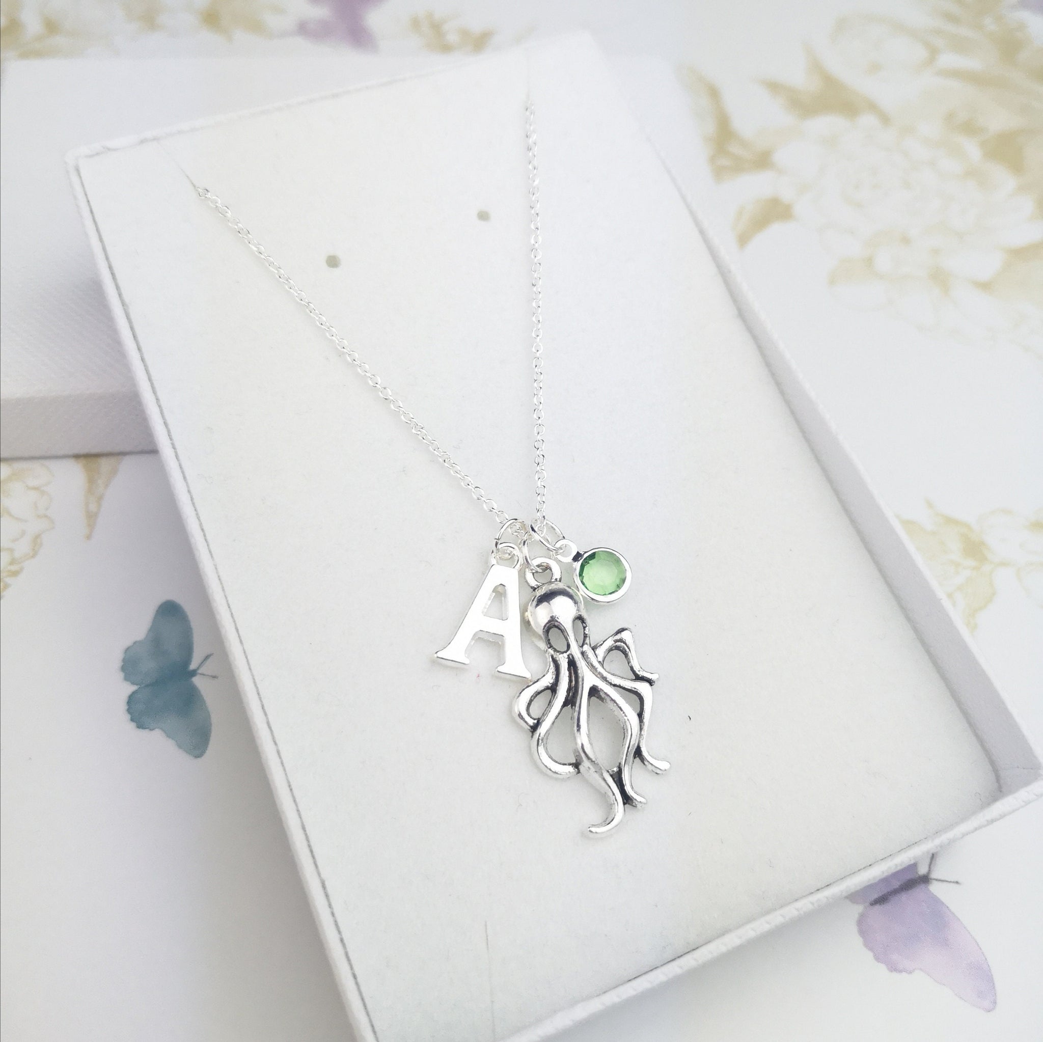 octopus necklace with initial and birthstone